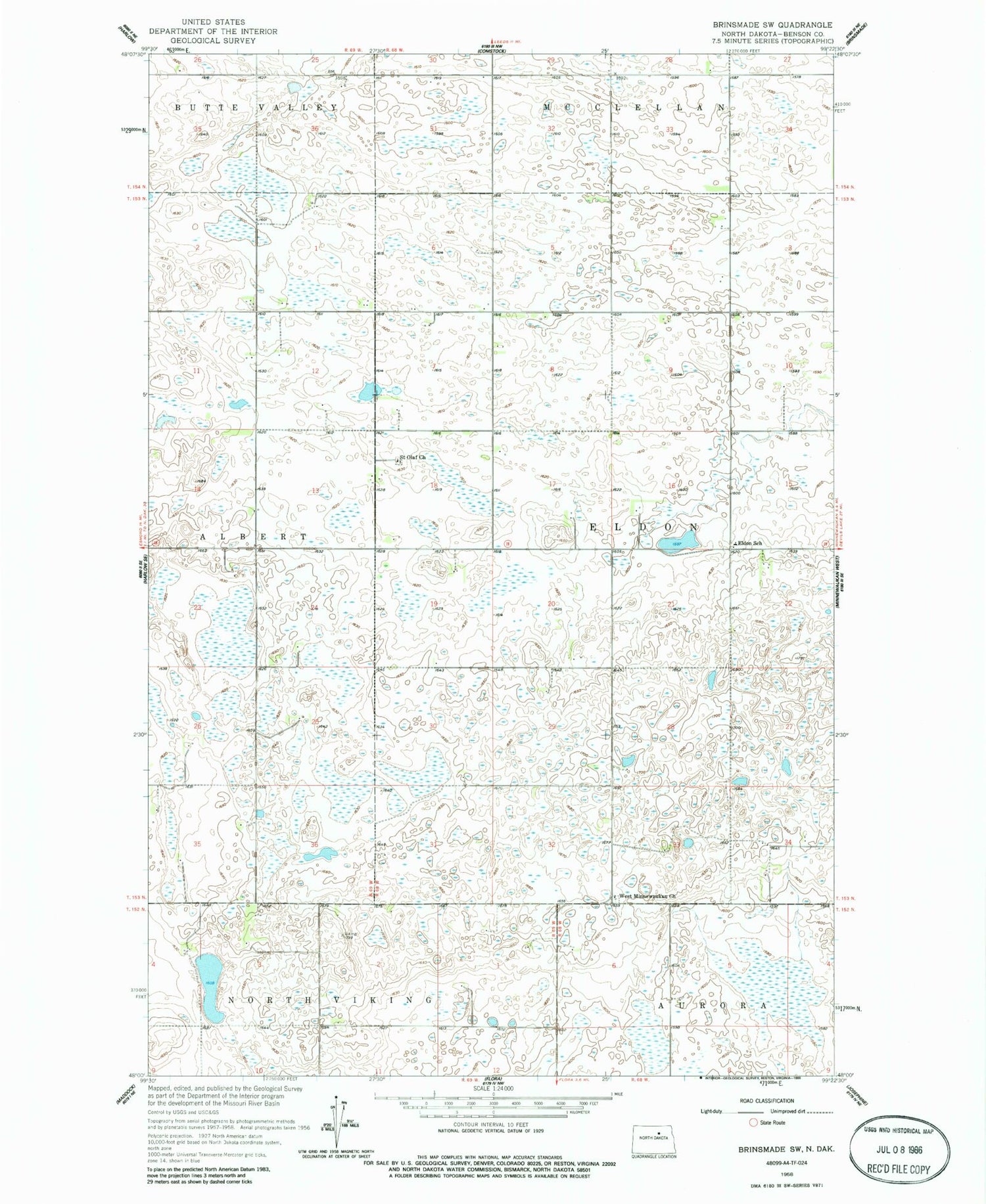 Classic USGS Brinsmade SW North Dakota 7.5'x7.5' Topo Map Image