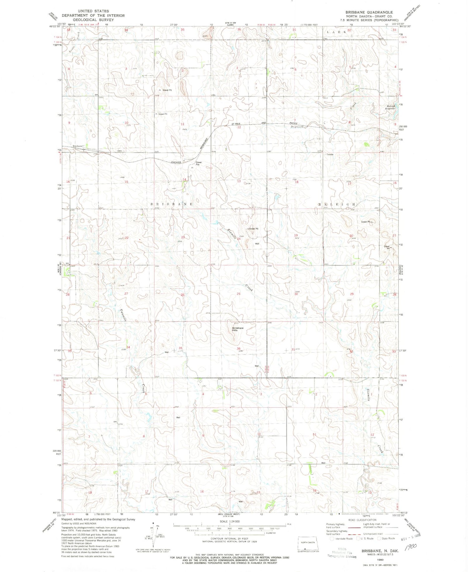 Classic USGS Brisbane North Dakota 7.5'x7.5' Topo Map Image