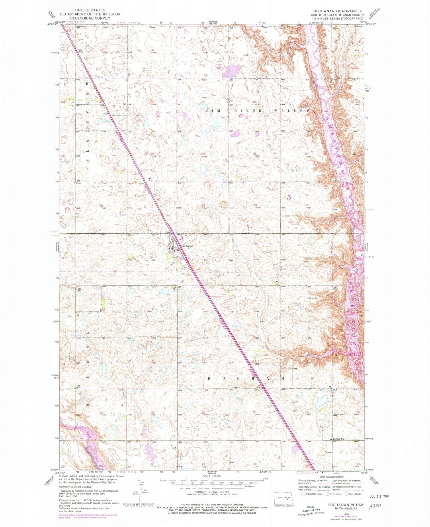Classic USGS Buchanan North Dakota 7.5'x7.5' Topo Map Image