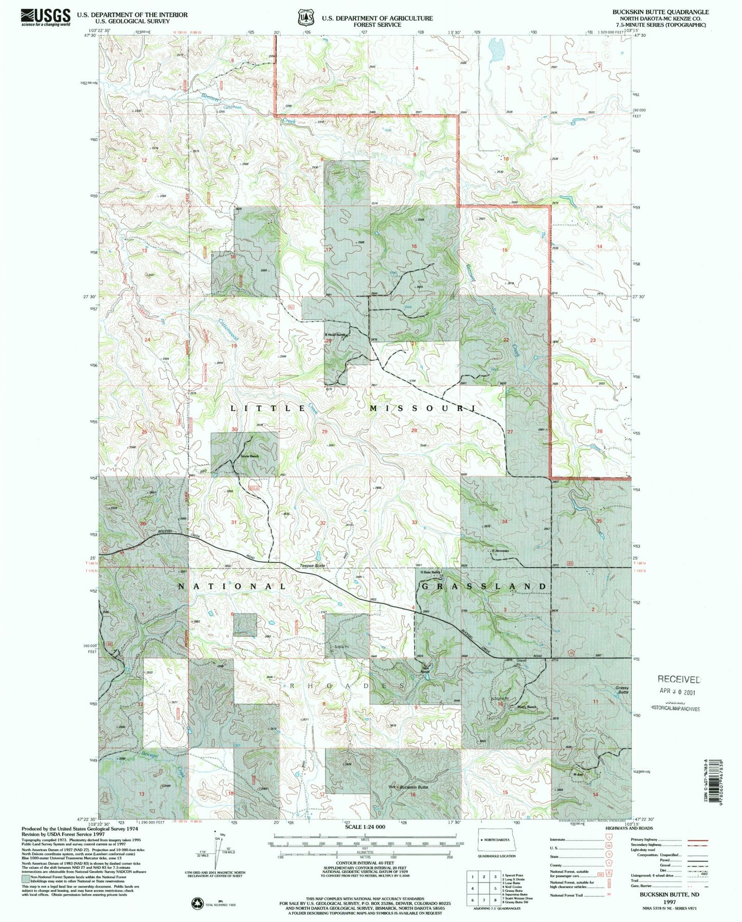 Classic USGS Buckskin Butte North Dakota 7.5'x7.5' Topo Map Image
