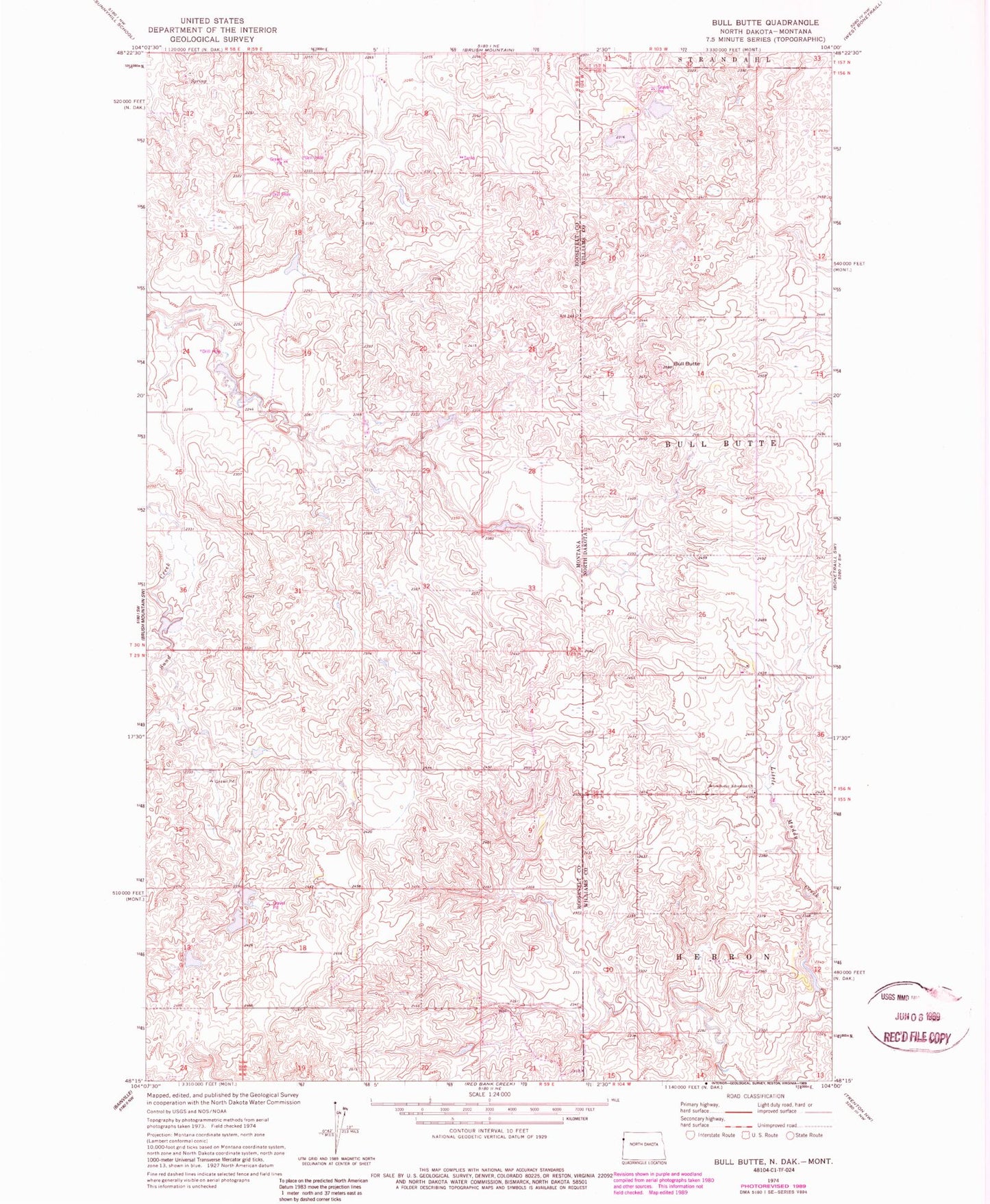 Classic USGS Bull Butte North Dakota 7.5'x7.5' Topo Map Image