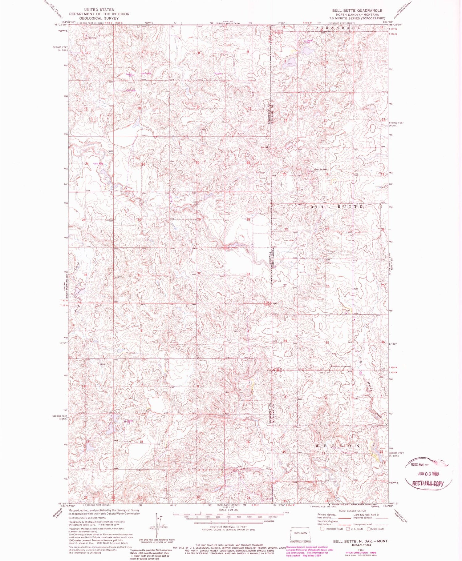 Classic USGS Bull Butte North Dakota 7.5'x7.5' Topo Map Image