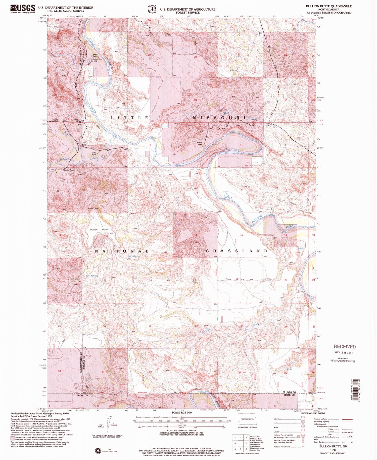 Classic USGS Bullion Butte North Dakota 7.5'x7.5' Topo Map Image