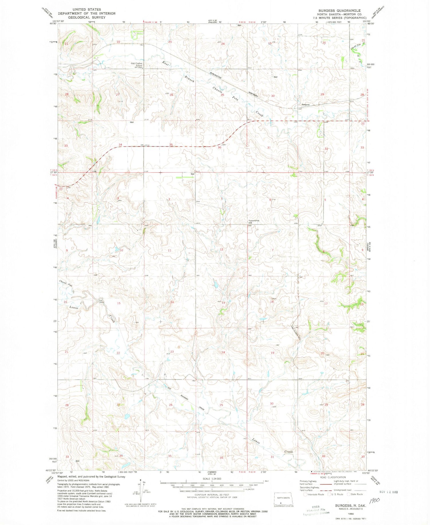 Classic USGS Burgess North Dakota 7.5'x7.5' Topo Map Image