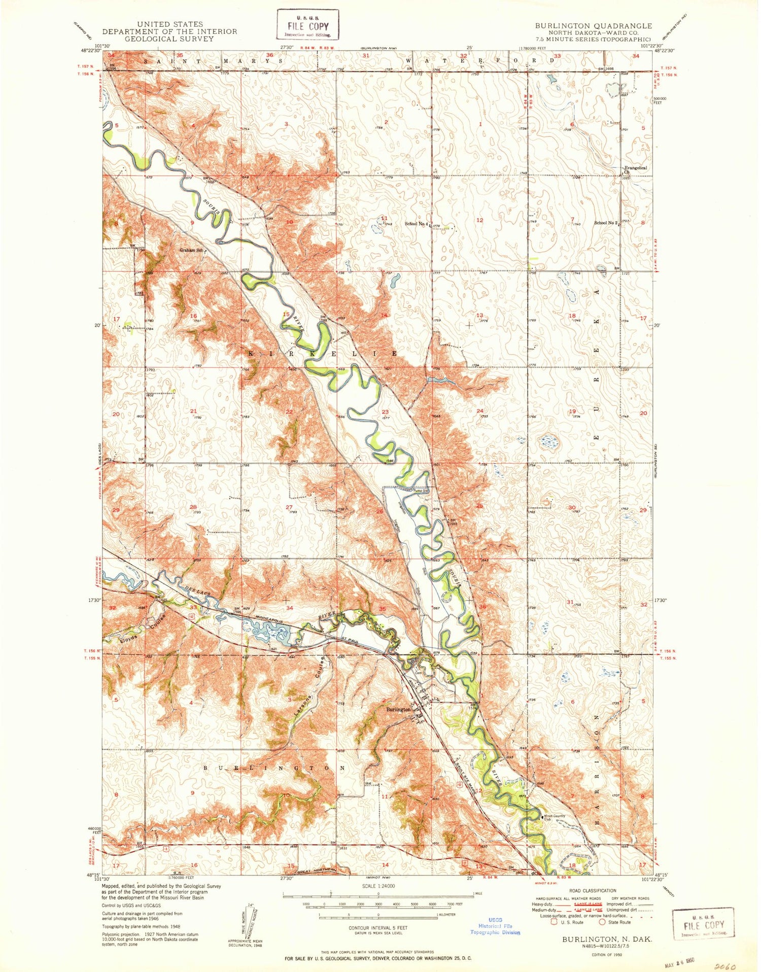 Classic USGS Burlington North Dakota 7.5'x7.5' Topo Map Image