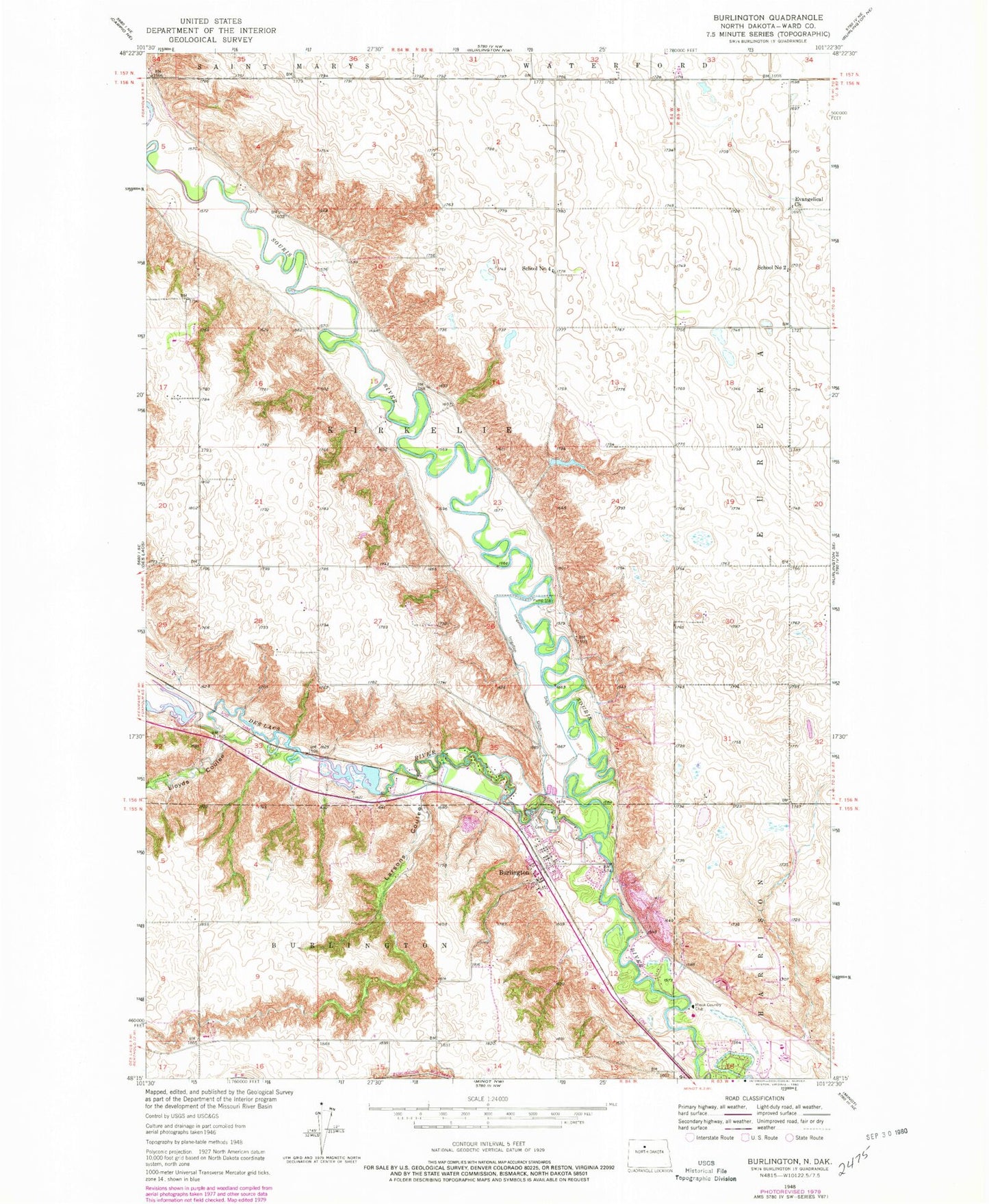 Classic USGS Burlington North Dakota 7.5'x7.5' Topo Map Image