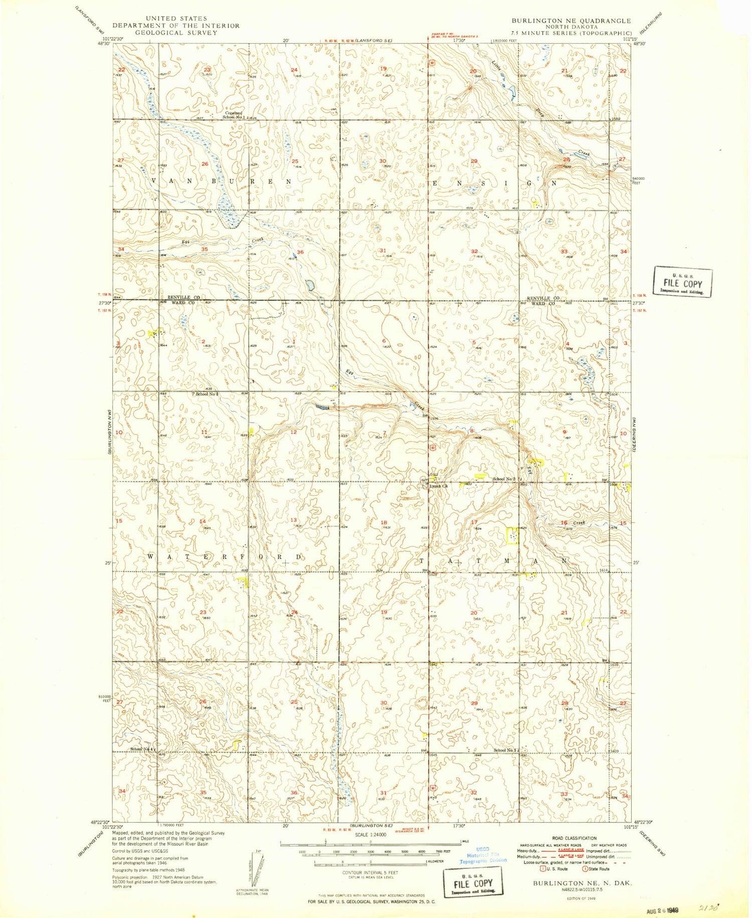 Classic USGS Burlington NE North Dakota 7.5'x7.5' Topo Map Image
