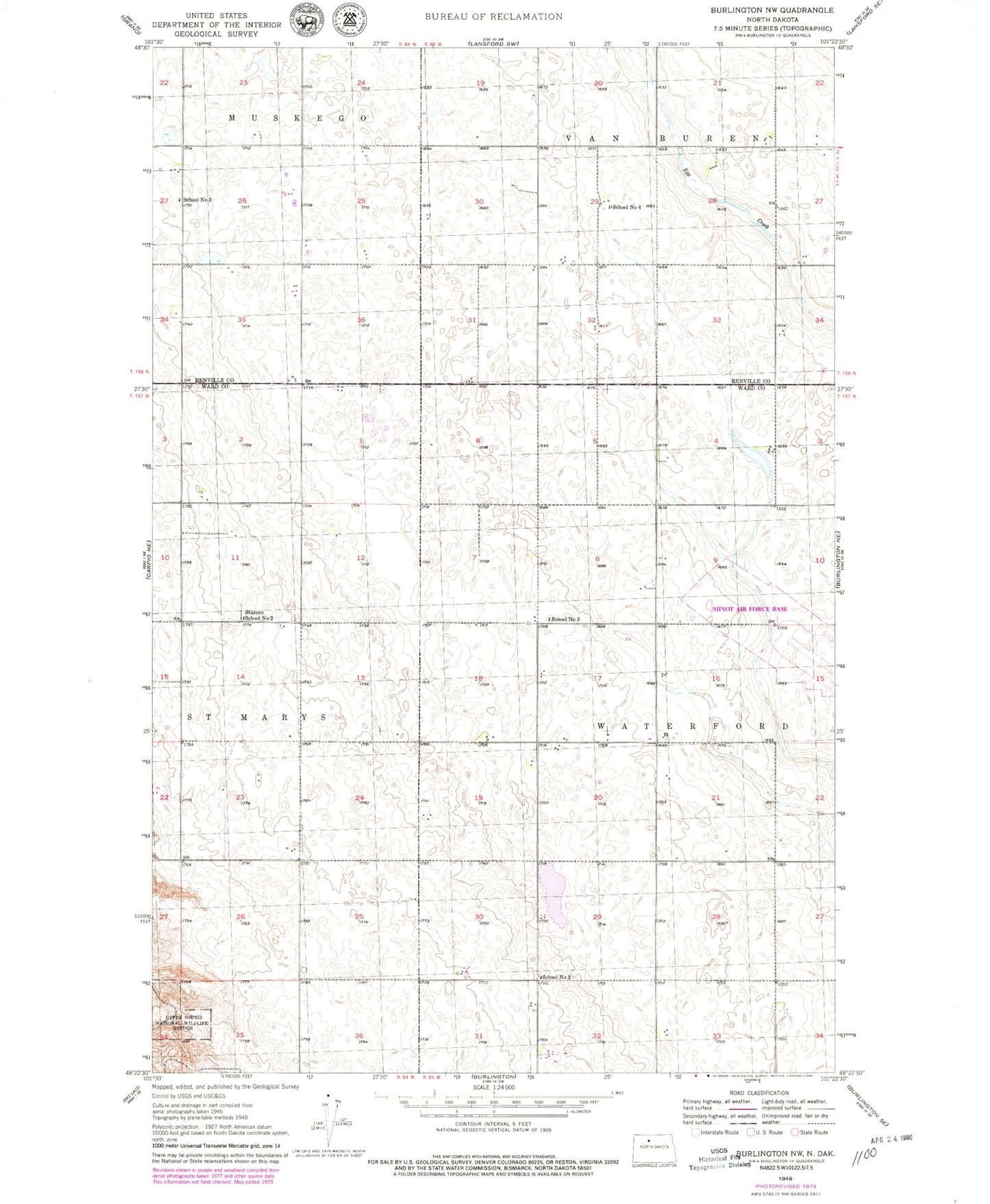 Classic USGS Burlington NW North Dakota 7.5'x7.5' Topo Map Image