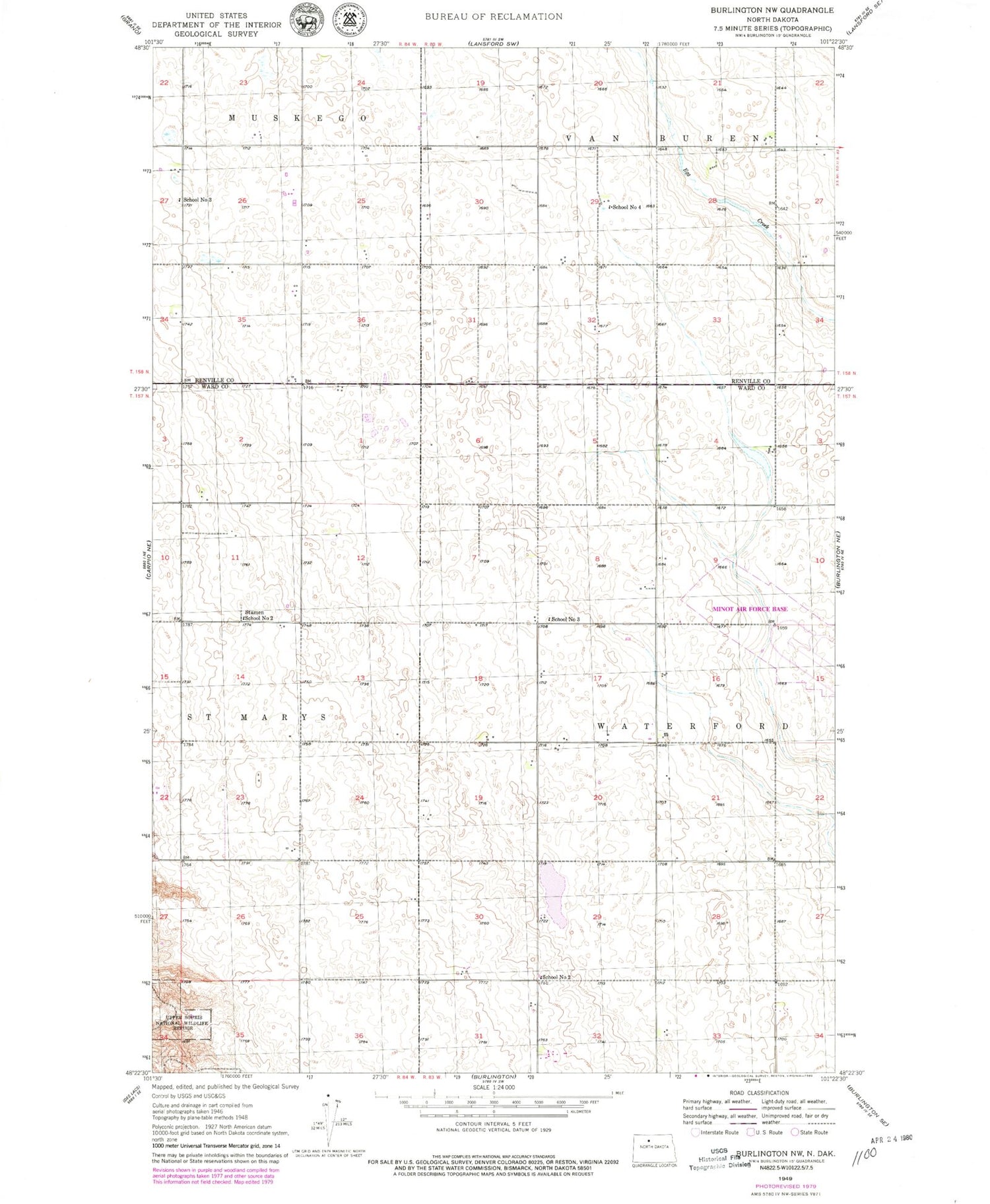 Classic USGS Burlington NW North Dakota 7.5'x7.5' Topo Map Image