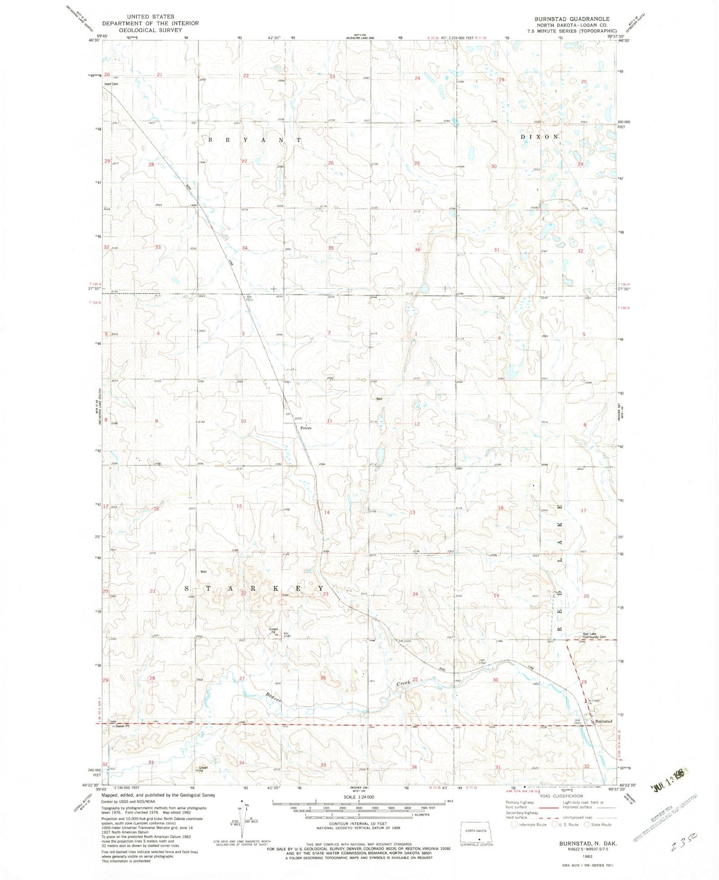 Classic USGS Burnstad North Dakota 7.5'x7.5' Topo Map Image