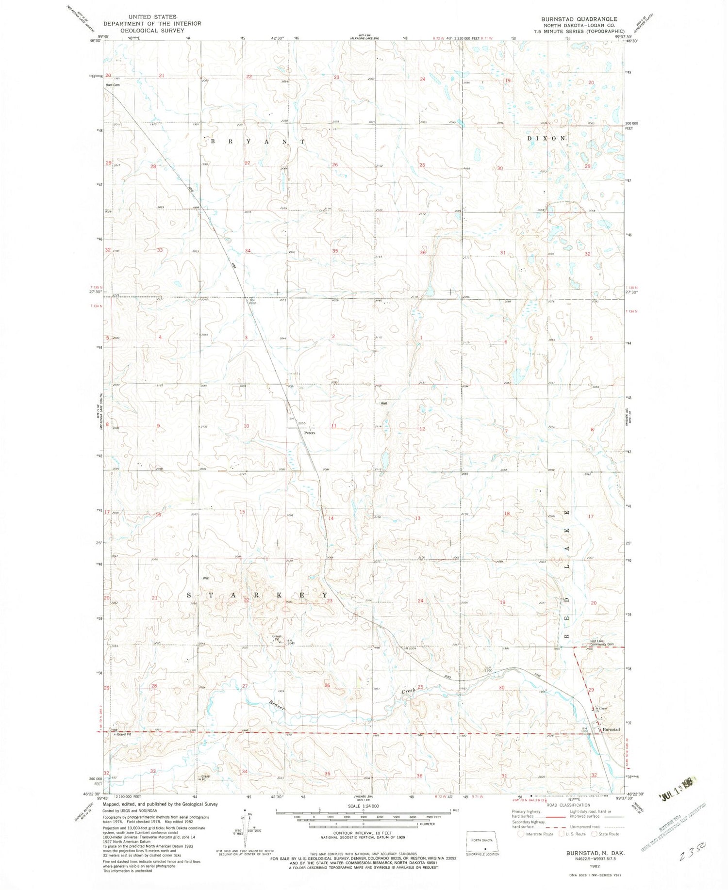 Classic USGS Burnstad North Dakota 7.5'x7.5' Topo Map Image