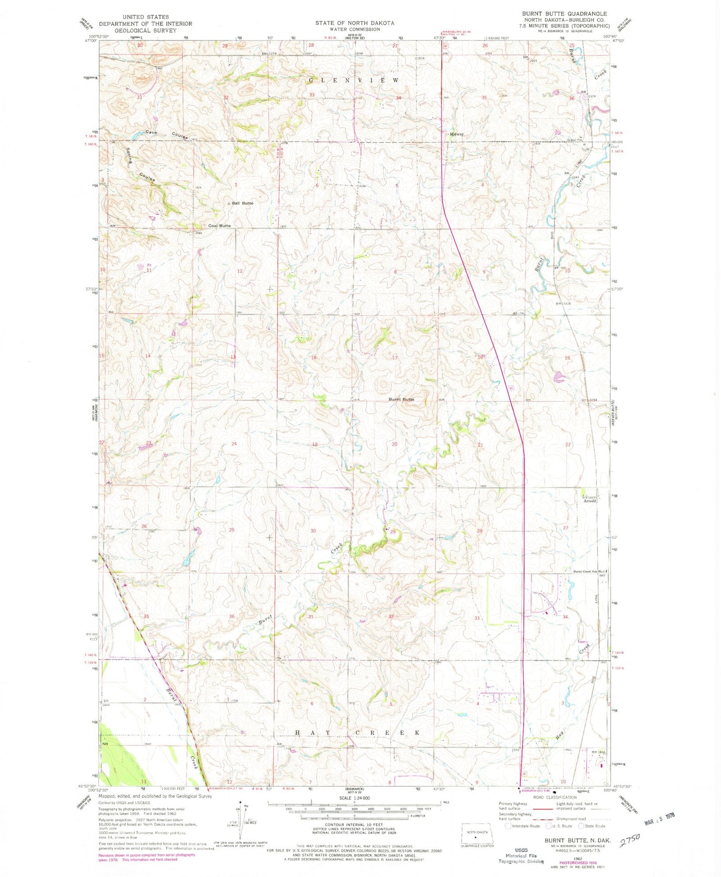 Classic USGS Burnt Butte North Dakota 7.5'x7.5' Topo Map Image