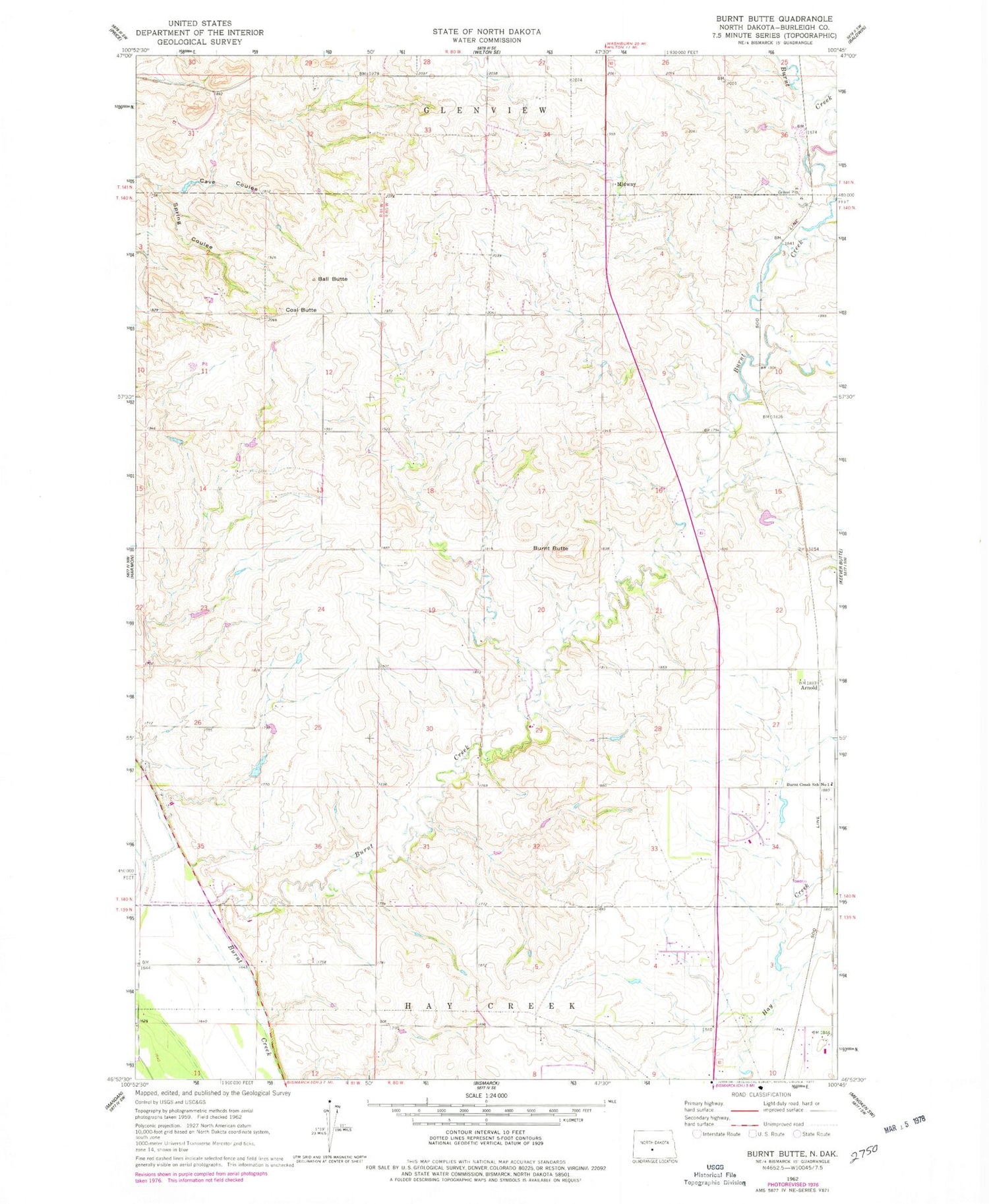 Classic USGS Burnt Butte North Dakota 7.5'x7.5' Topo Map Image