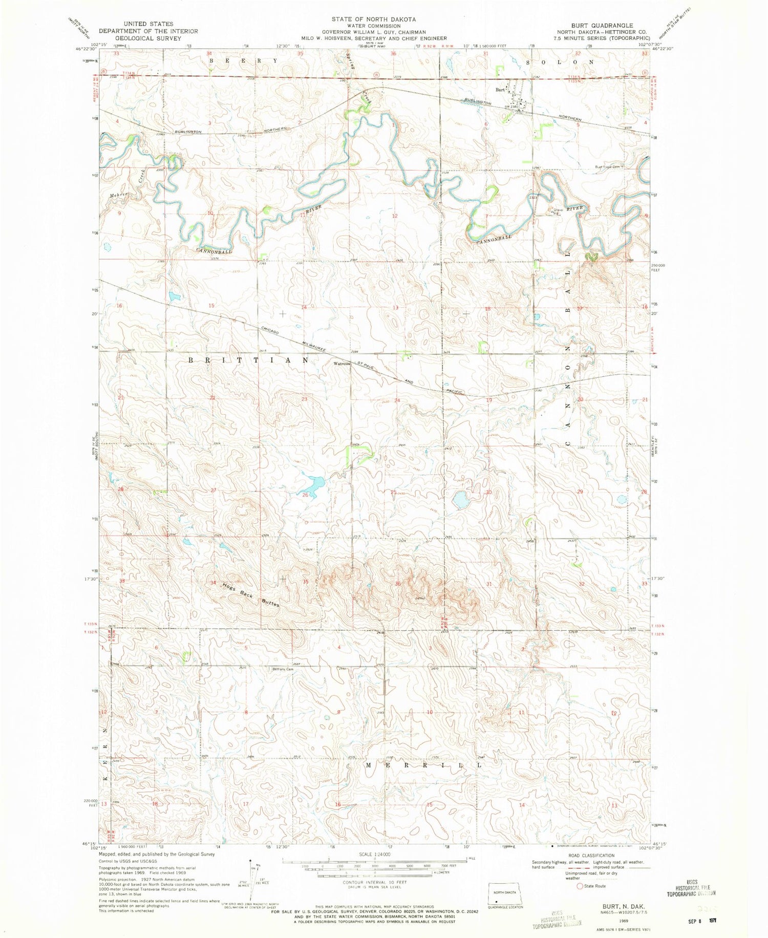 Classic USGS Burt North Dakota 7.5'x7.5' Topo Map Image