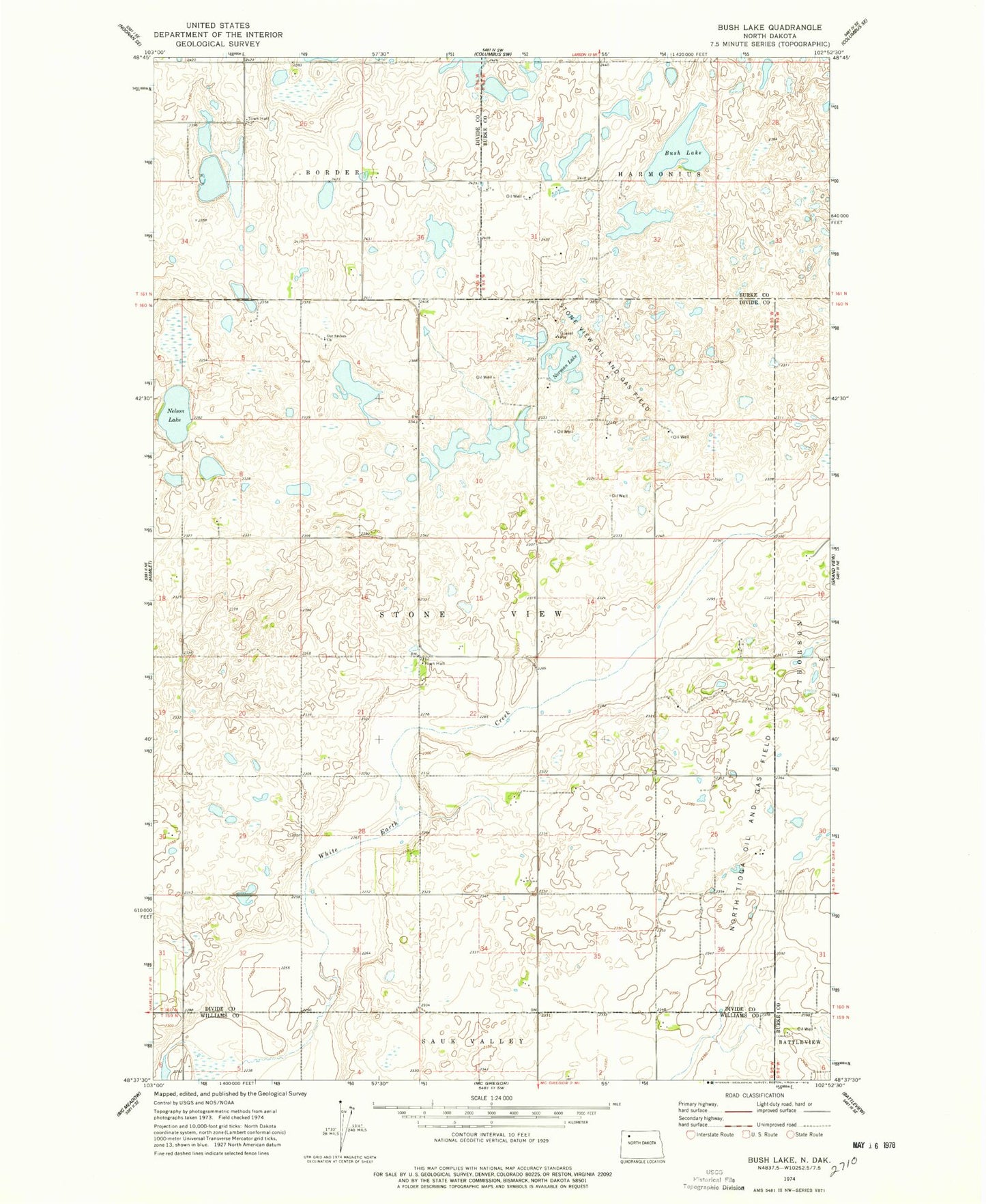 Classic USGS Bush Lake North Dakota 7.5'x7.5' Topo Map Image