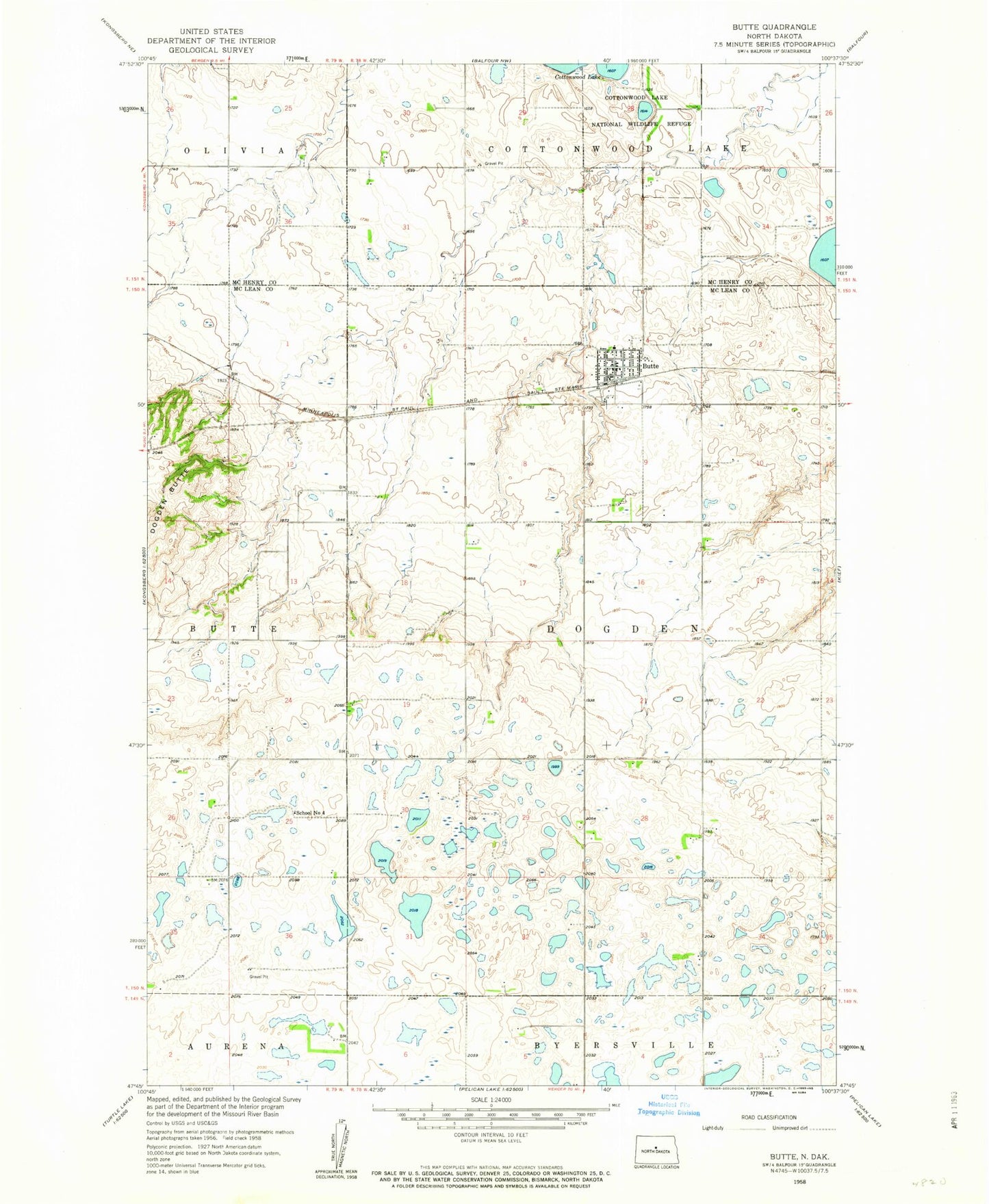 Classic USGS Butte North Dakota 7.5'x7.5' Topo Map Image