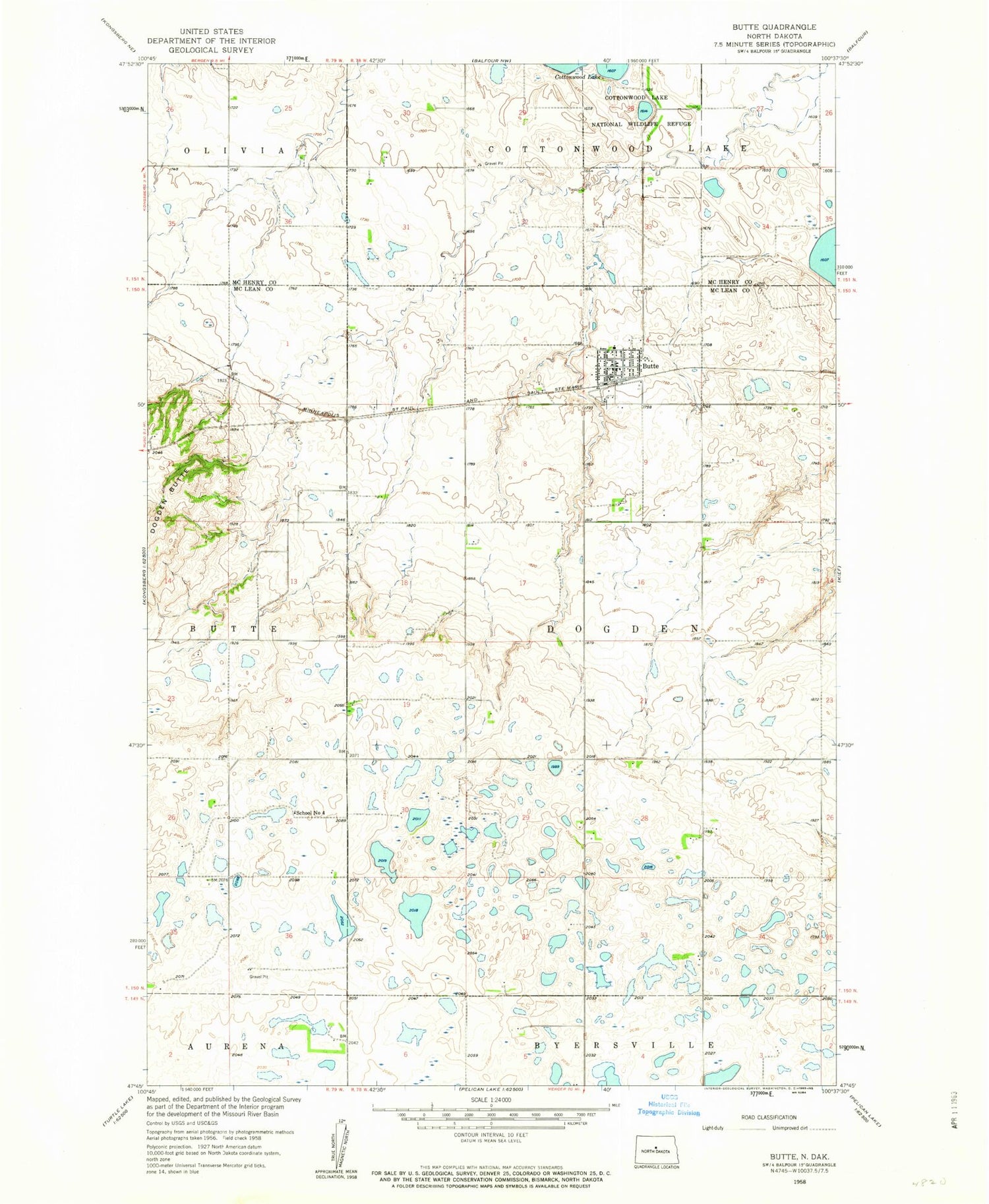 Classic USGS Butte North Dakota 7.5'x7.5' Topo Map Image