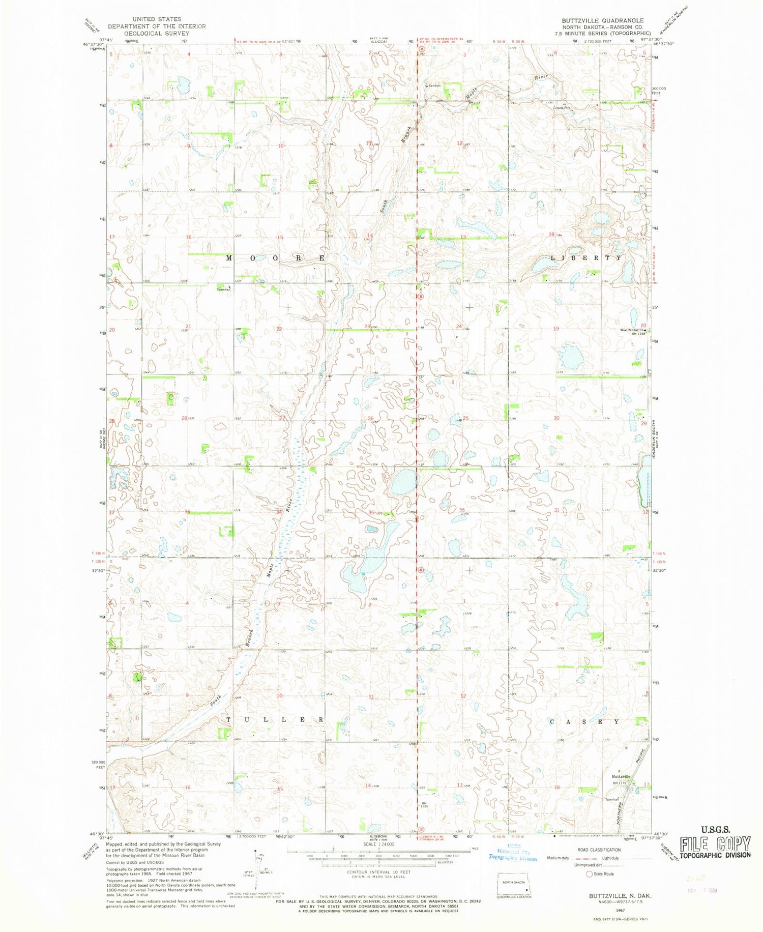 Classic USGS Buttzville North Dakota 7.5'x7.5' Topo Map Image