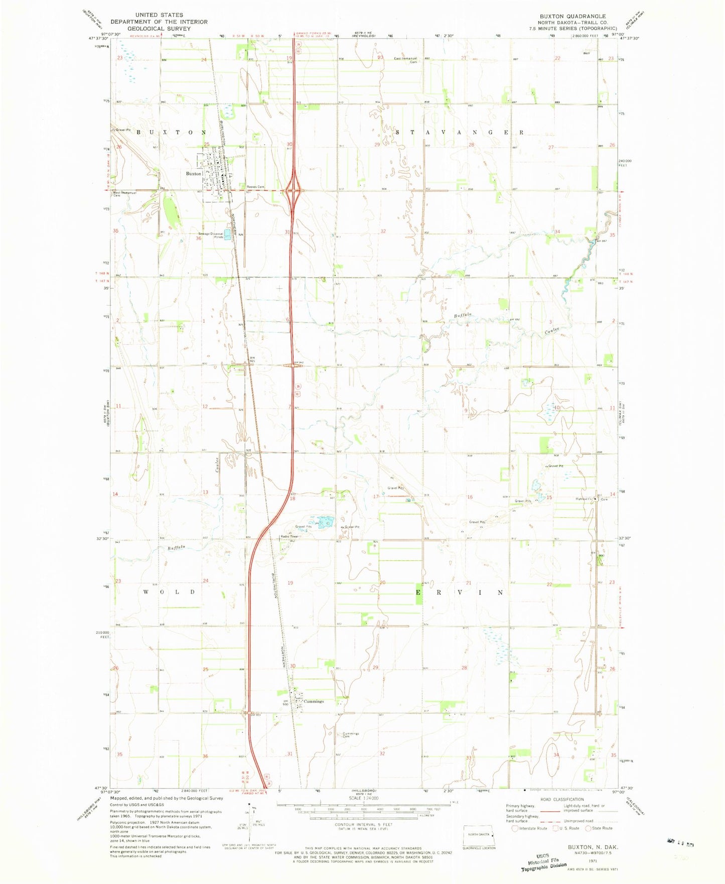 Classic USGS Buxton North Dakota 7.5'x7.5' Topo Map Image