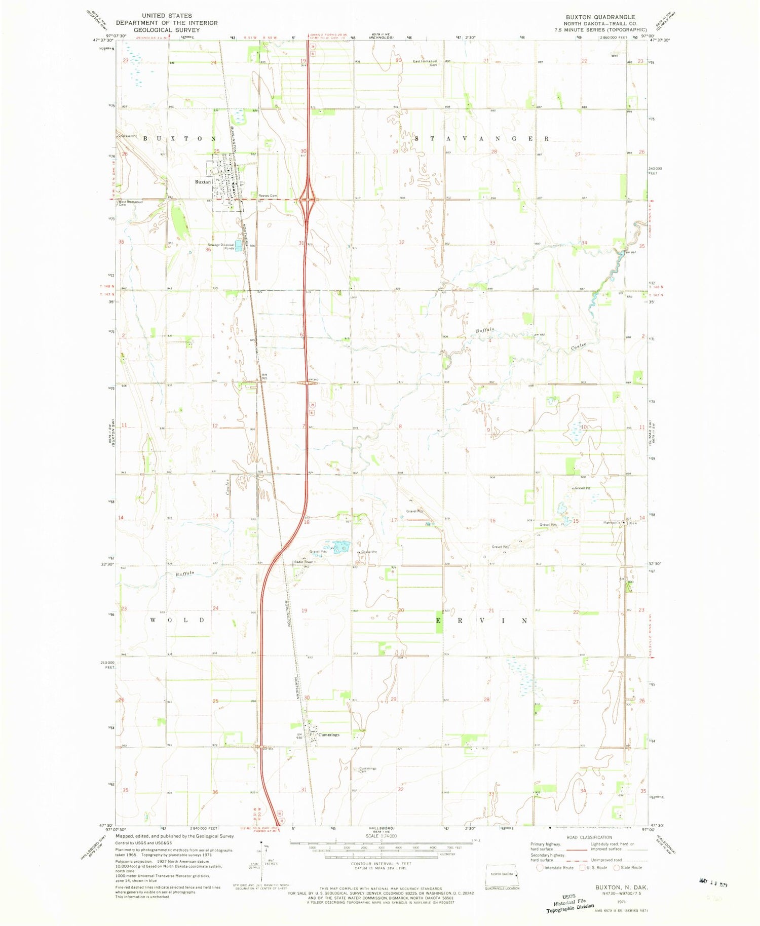 Classic USGS Buxton North Dakota 7.5'x7.5' Topo Map Image