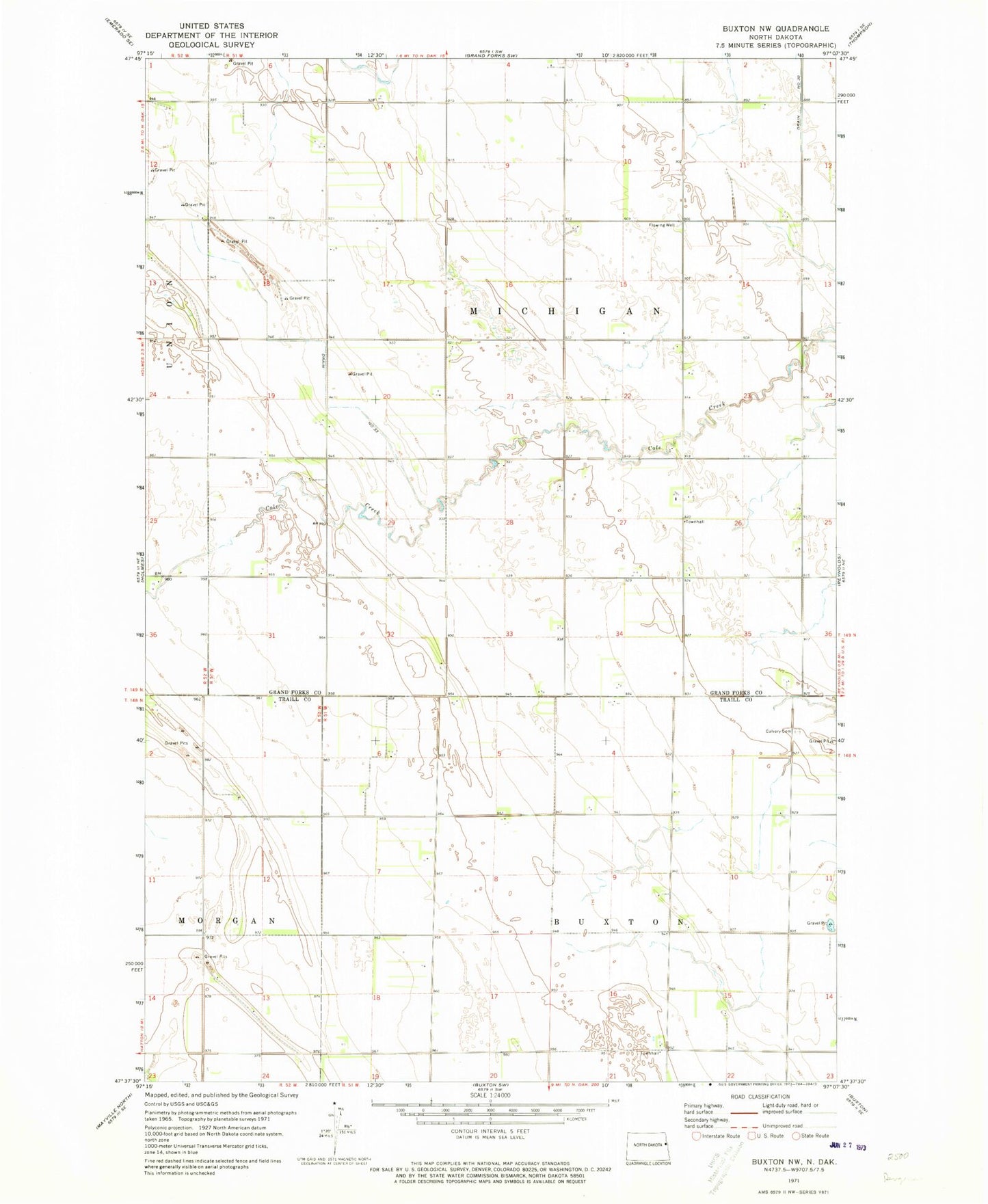 Classic USGS Buxton NW North Dakota 7.5'x7.5' Topo Map Image