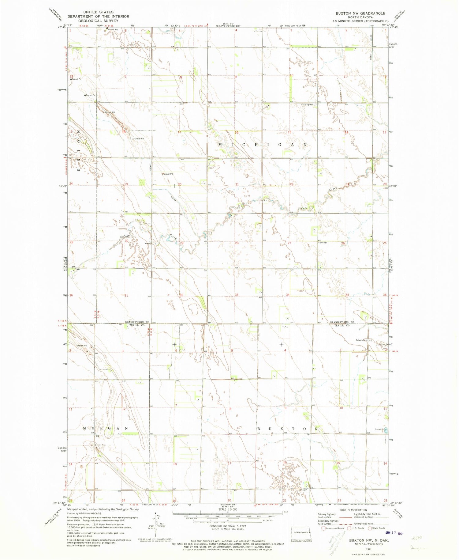 Classic USGS Buxton NW North Dakota 7.5'x7.5' Topo Map Image