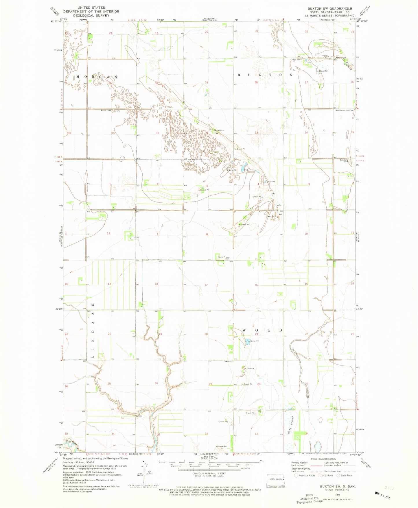 Classic USGS Buxton SW North Dakota 7.5'x7.5' Topo Map Image