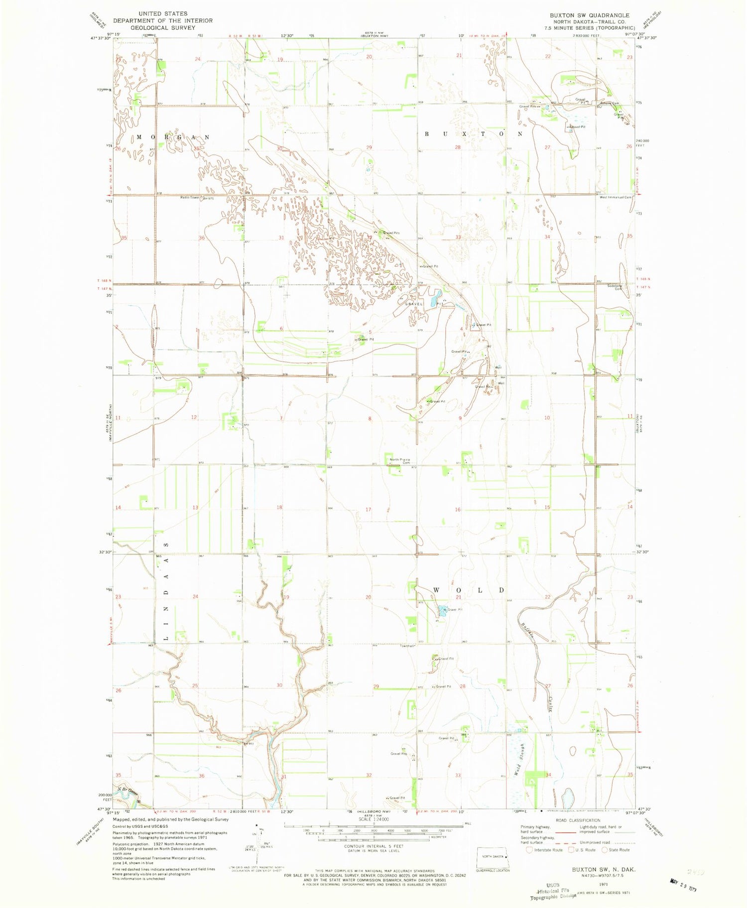 Classic USGS Buxton SW North Dakota 7.5'x7.5' Topo Map Image