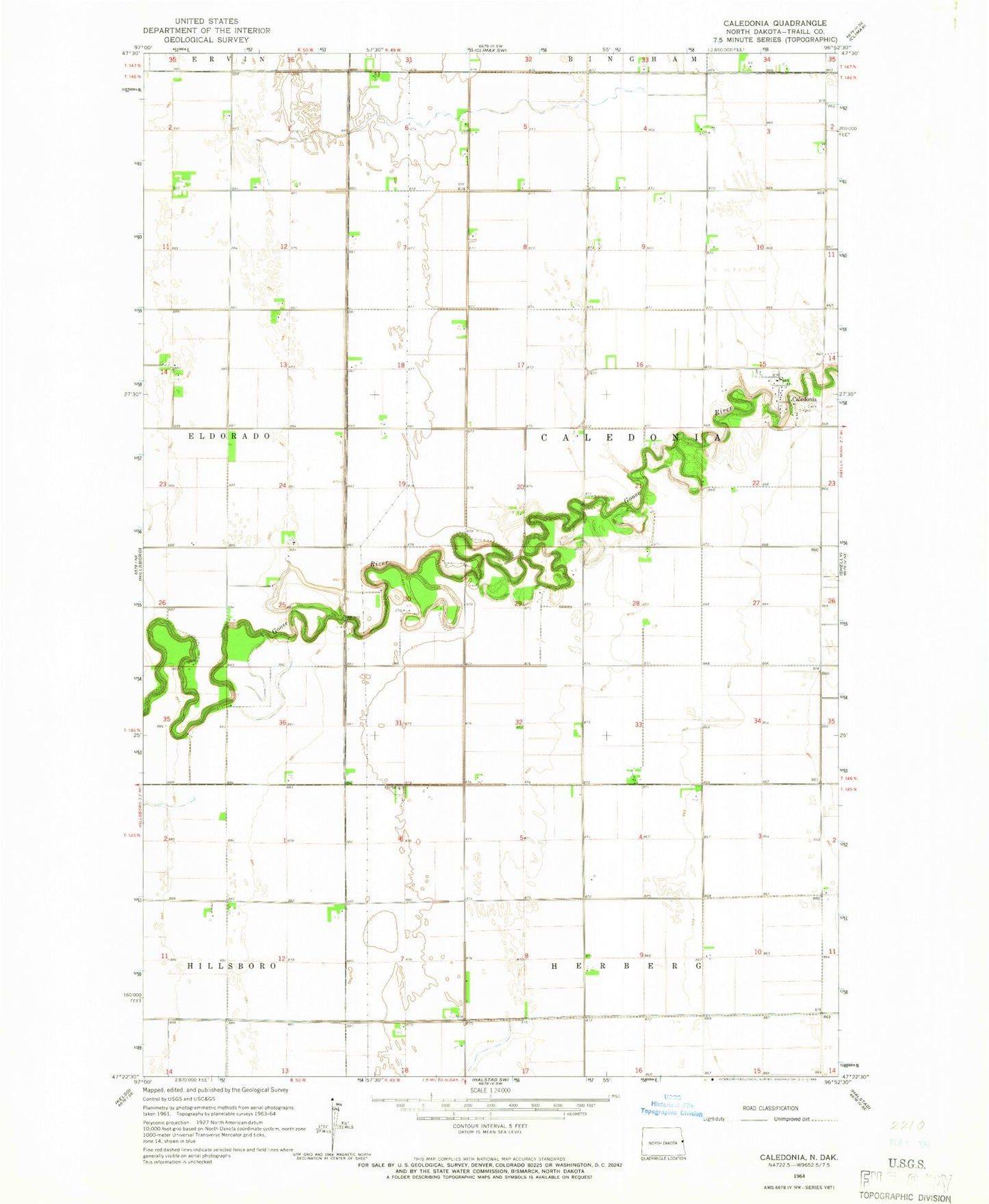 Classic USGS Caledonia North Dakota 7.5'x7.5' Topo Map Image