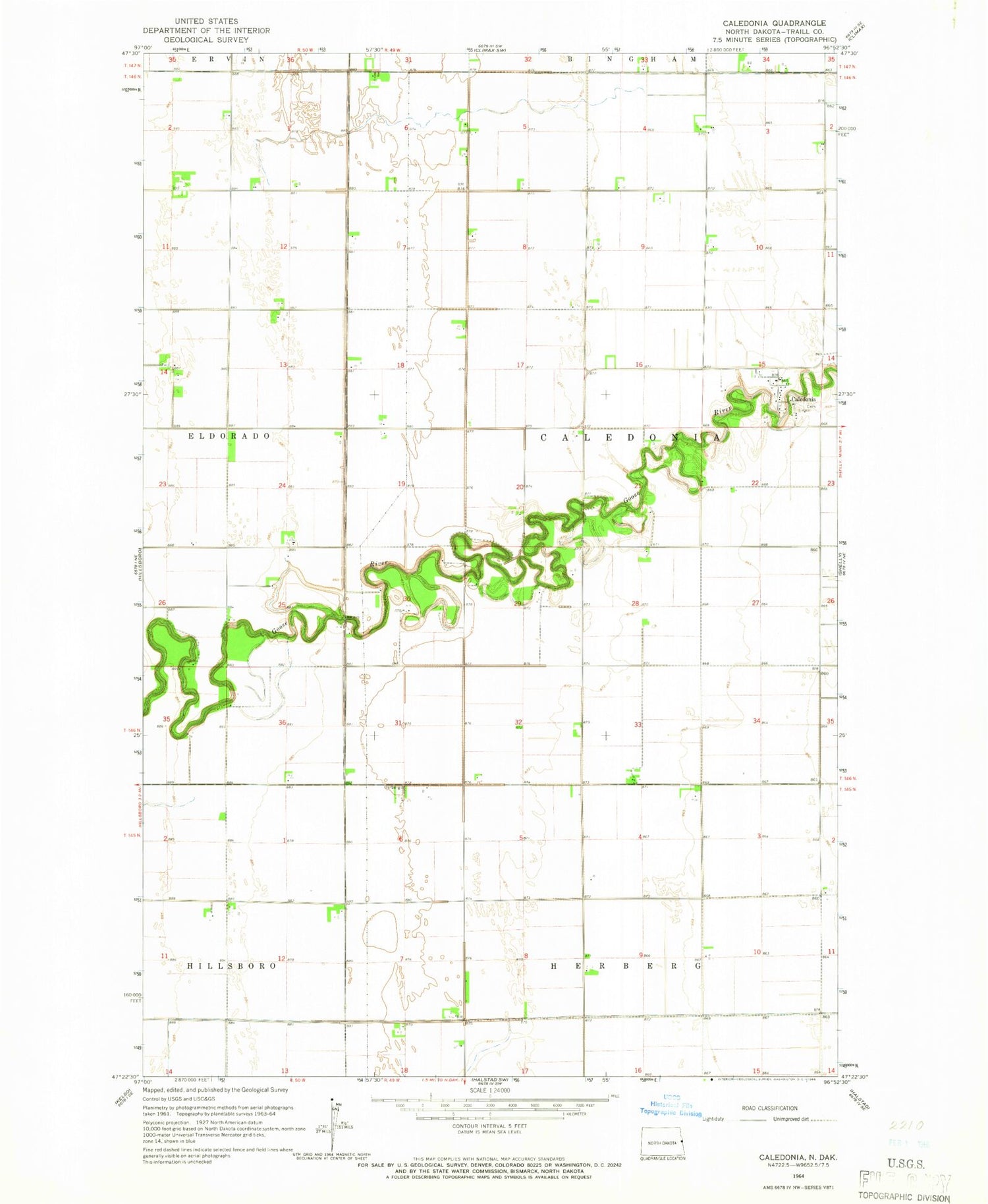 Classic USGS Caledonia North Dakota 7.5'x7.5' Topo Map Image