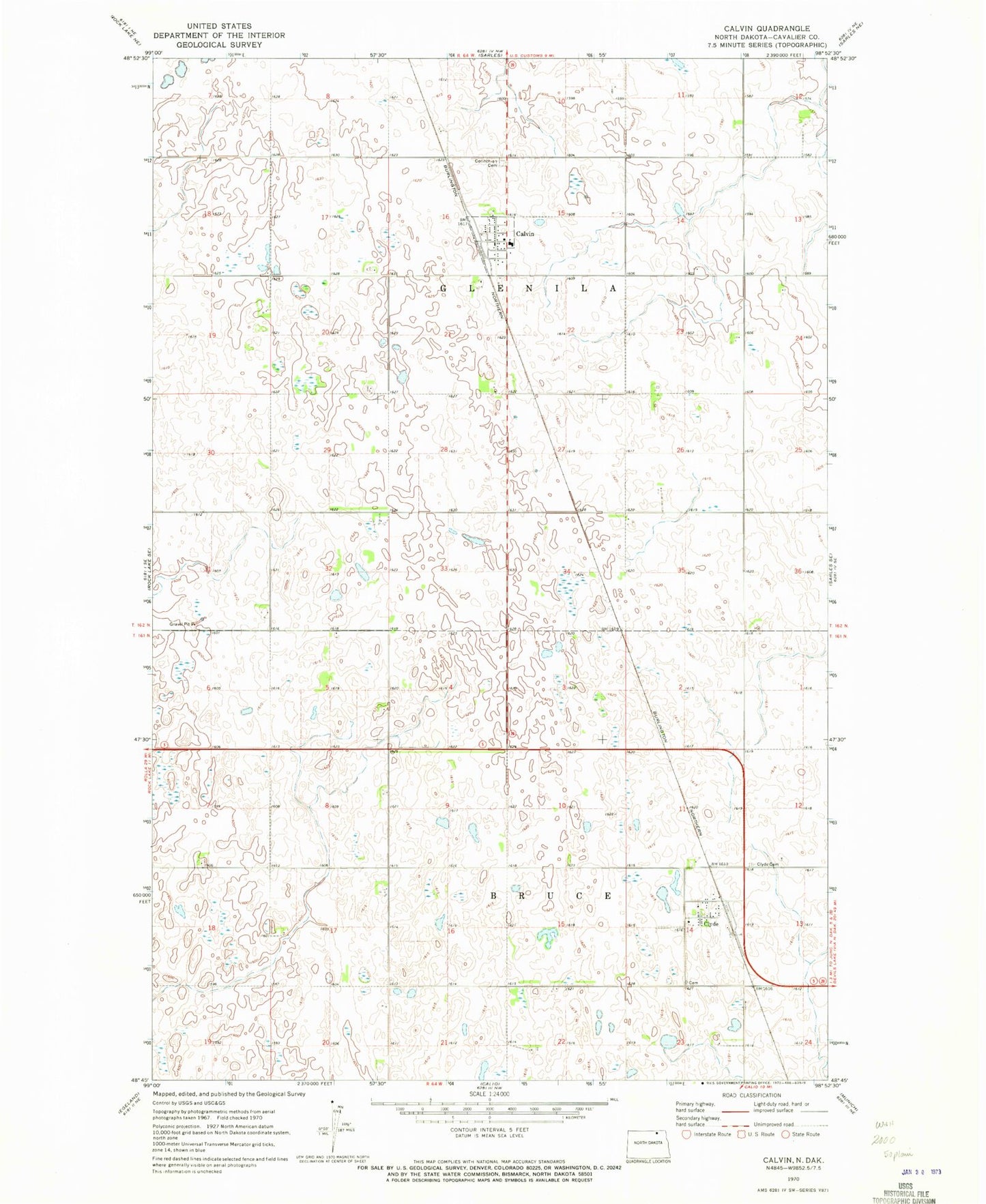 Classic USGS Calvin North Dakota 7.5'x7.5' Topo Map Image