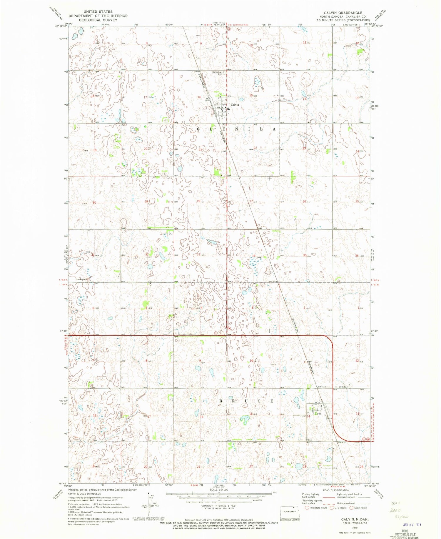 Classic USGS Calvin North Dakota 7.5'x7.5' Topo Map Image