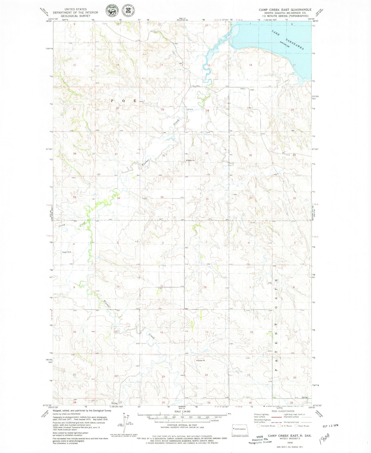 Classic USGS Camp Creek East North Dakota 7.5'x7.5' Topo Map Image