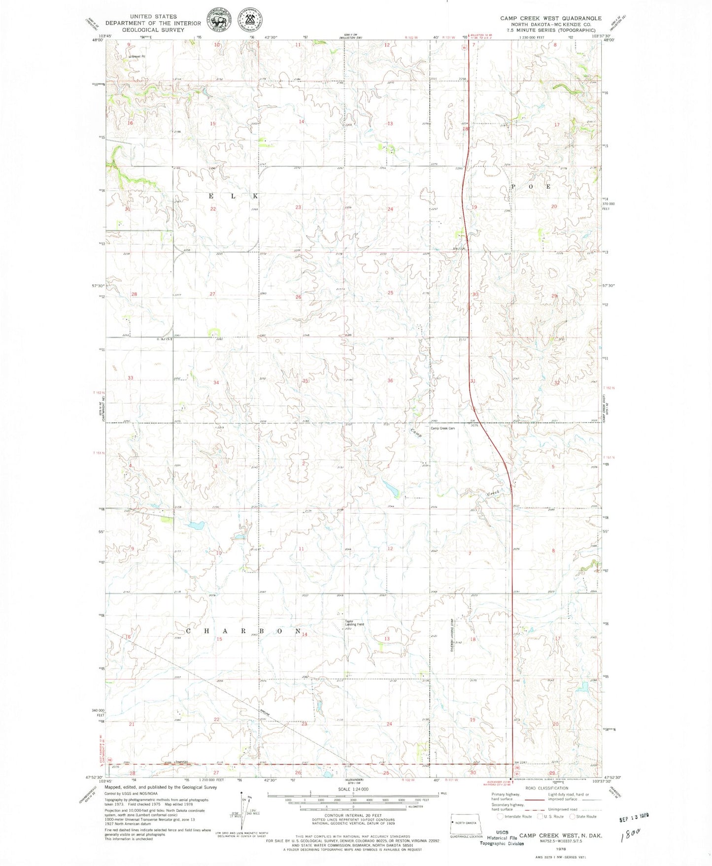 Classic USGS Camp Creek West North Dakota 7.5'x7.5' Topo Map Image