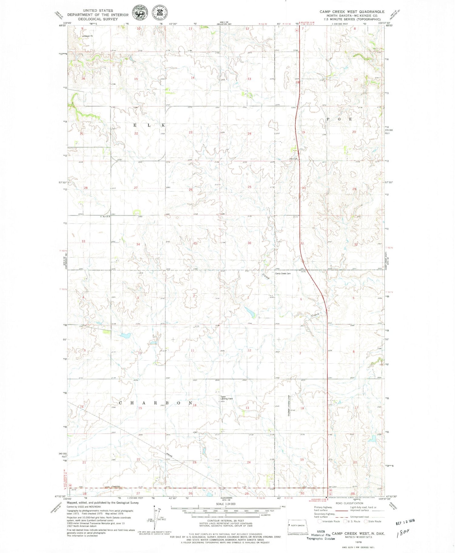 Classic USGS Camp Creek West North Dakota 7.5'x7.5' Topo Map Image