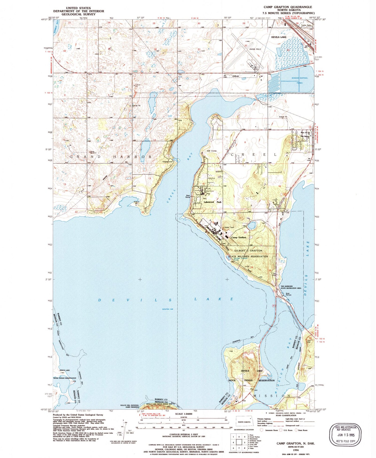 Classic USGS Camp Grafton North Dakota 7.5'x7.5' Topo Map Image