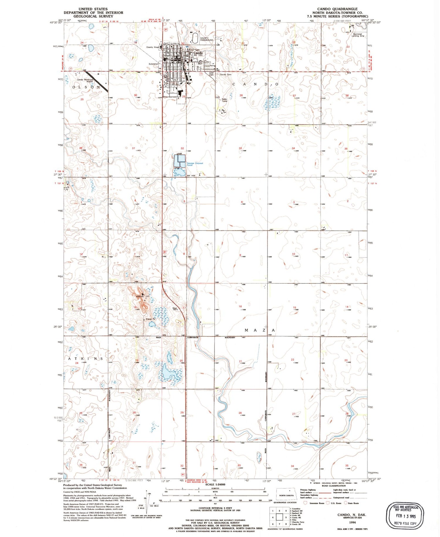 Classic USGS Cando North Dakota 7.5'x7.5' Topo Map Image