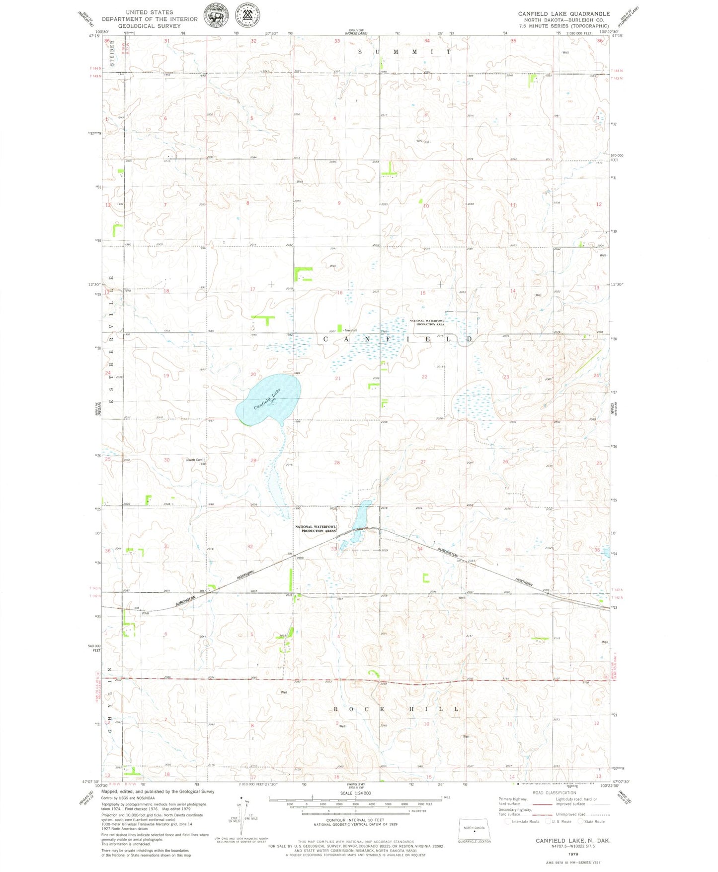 Classic USGS Canfield Lake North Dakota 7.5'x7.5' Topo Map Image