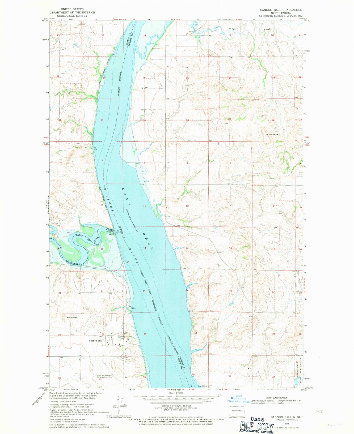 Classic USGS Cannon Ball North Dakota 7.5'x7.5' Topo Map Image