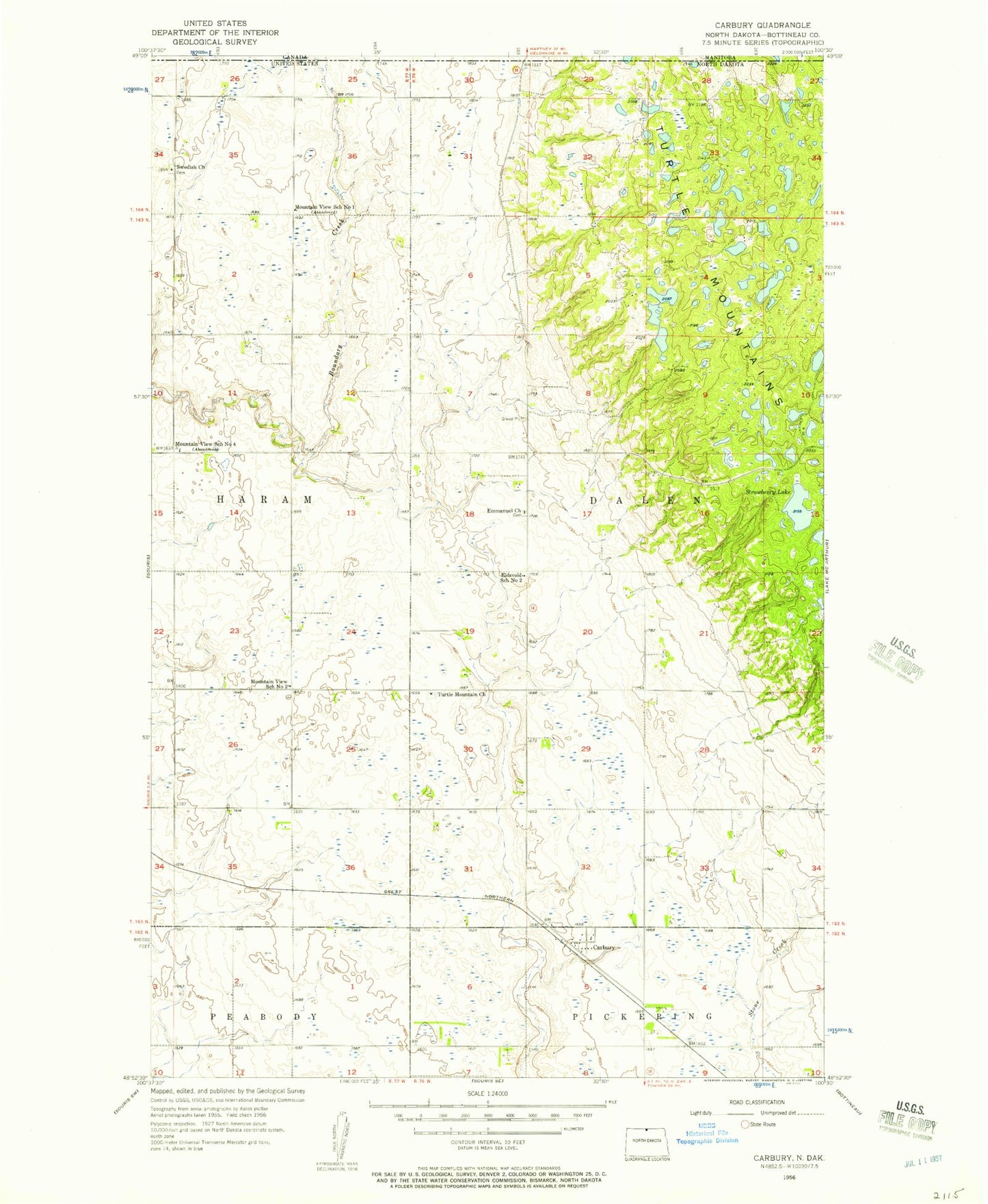 Classic USGS Carbury North Dakota 7.5'x7.5' Topo Map Image