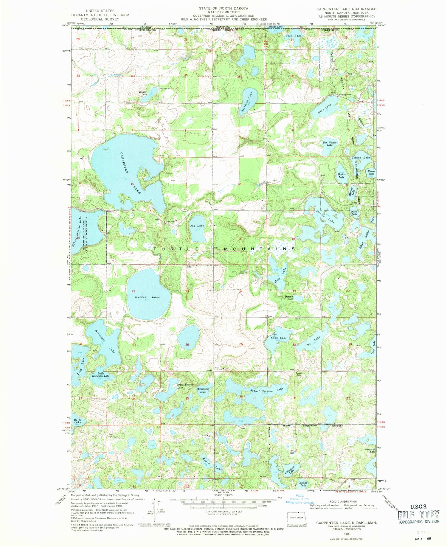 Classic USGS Carpenter Lake North Dakota 7.5'x7.5' Topo Map Image