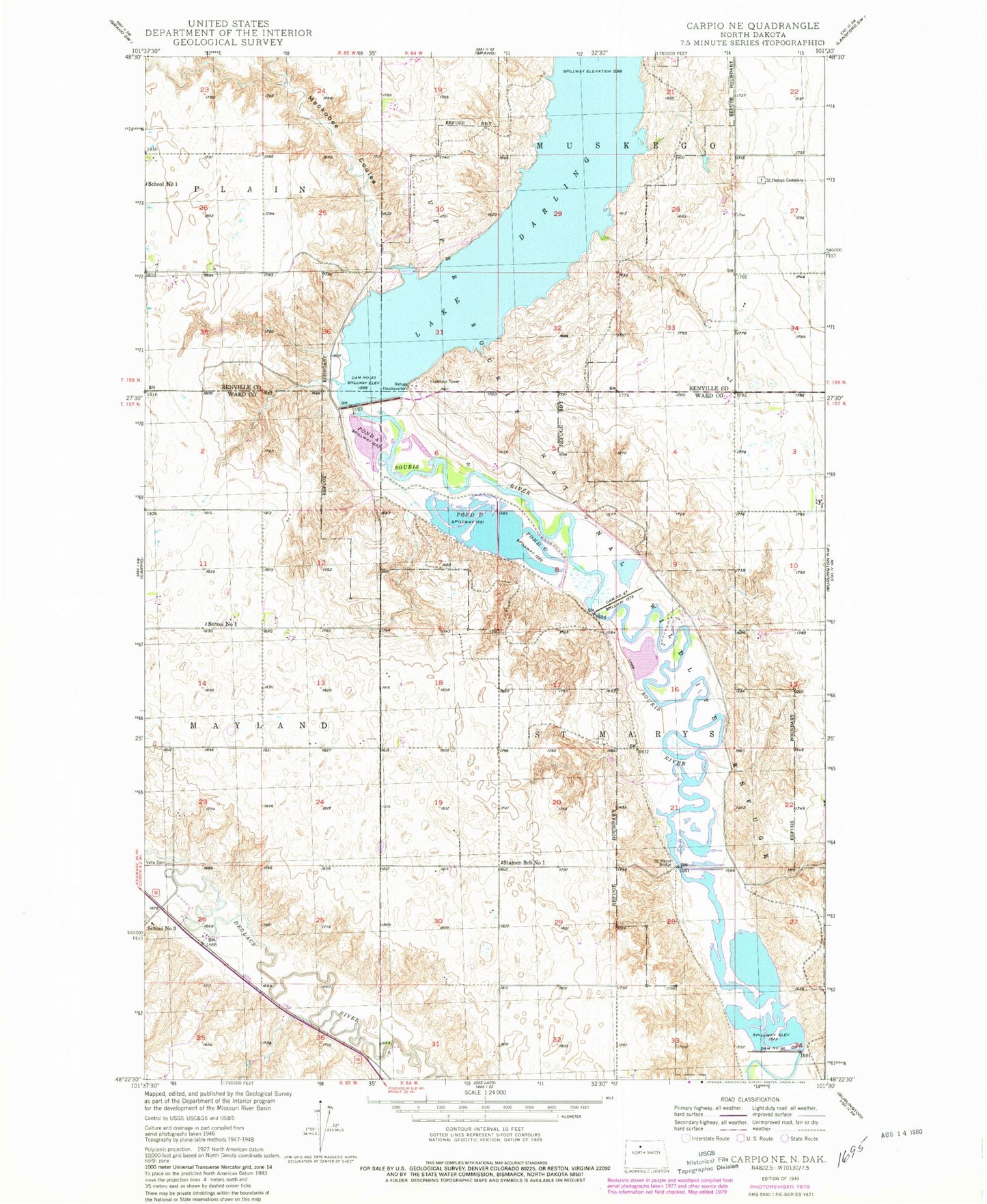 Classic USGS Carpio NE North Dakota 7.5'x7.5' Topo Map Image