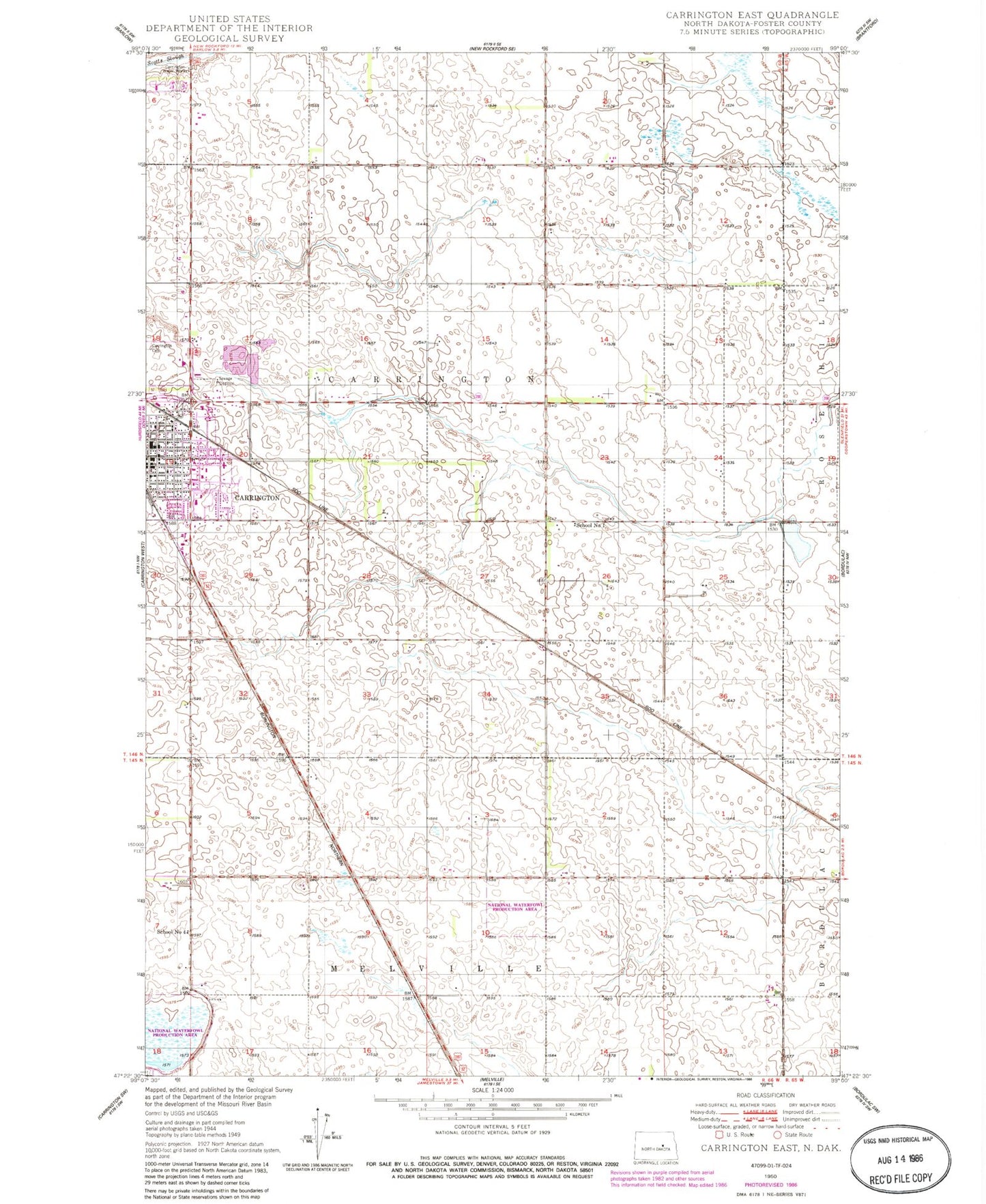 Classic USGS Carrington East North Dakota 7.5'x7.5' Topo Map Image