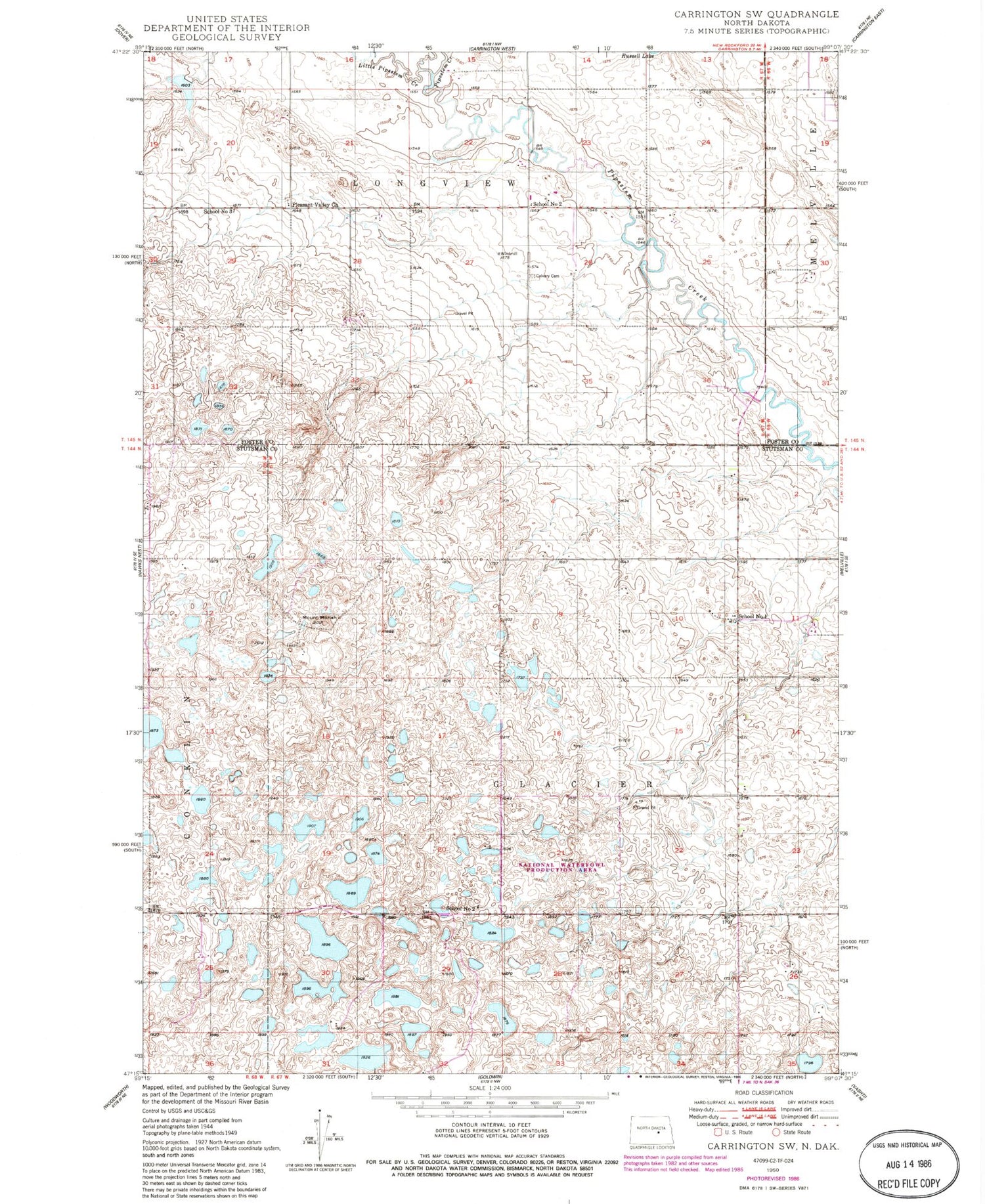 Classic USGS Carrington SW North Dakota 7.5'x7.5' Topo Map Image