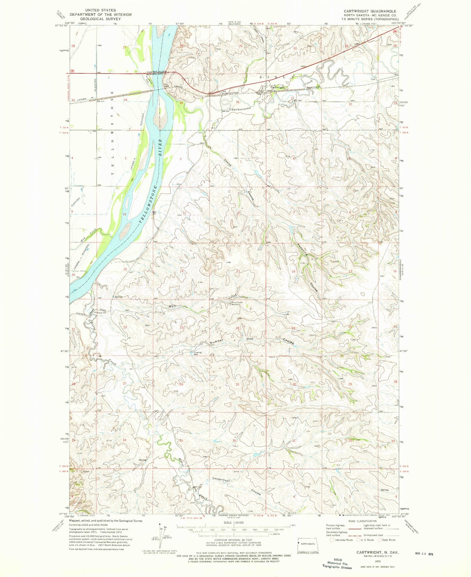 Classic USGS Cartwright North Dakota 7.5'x7.5' Topo Map Image