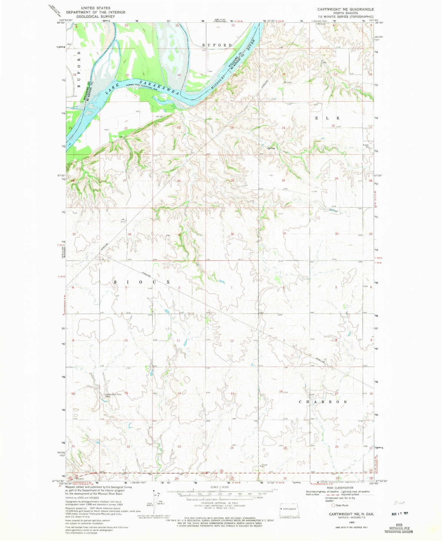 Classic USGS Cartwright NE North Dakota 7.5'x7.5' Topo Map Image