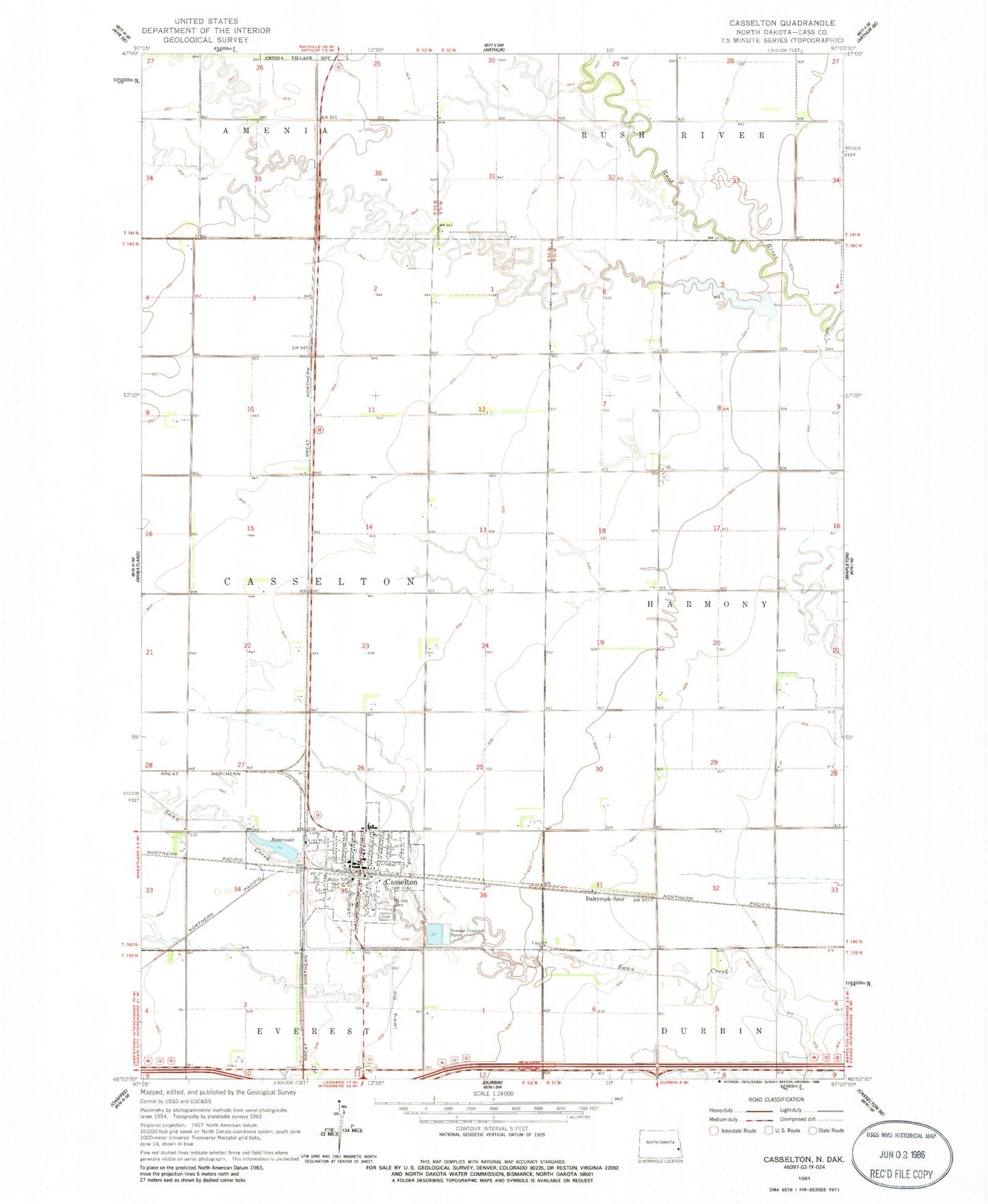 Classic USGS Casselton North Dakota 7.5'x7.5' Topo Map Image