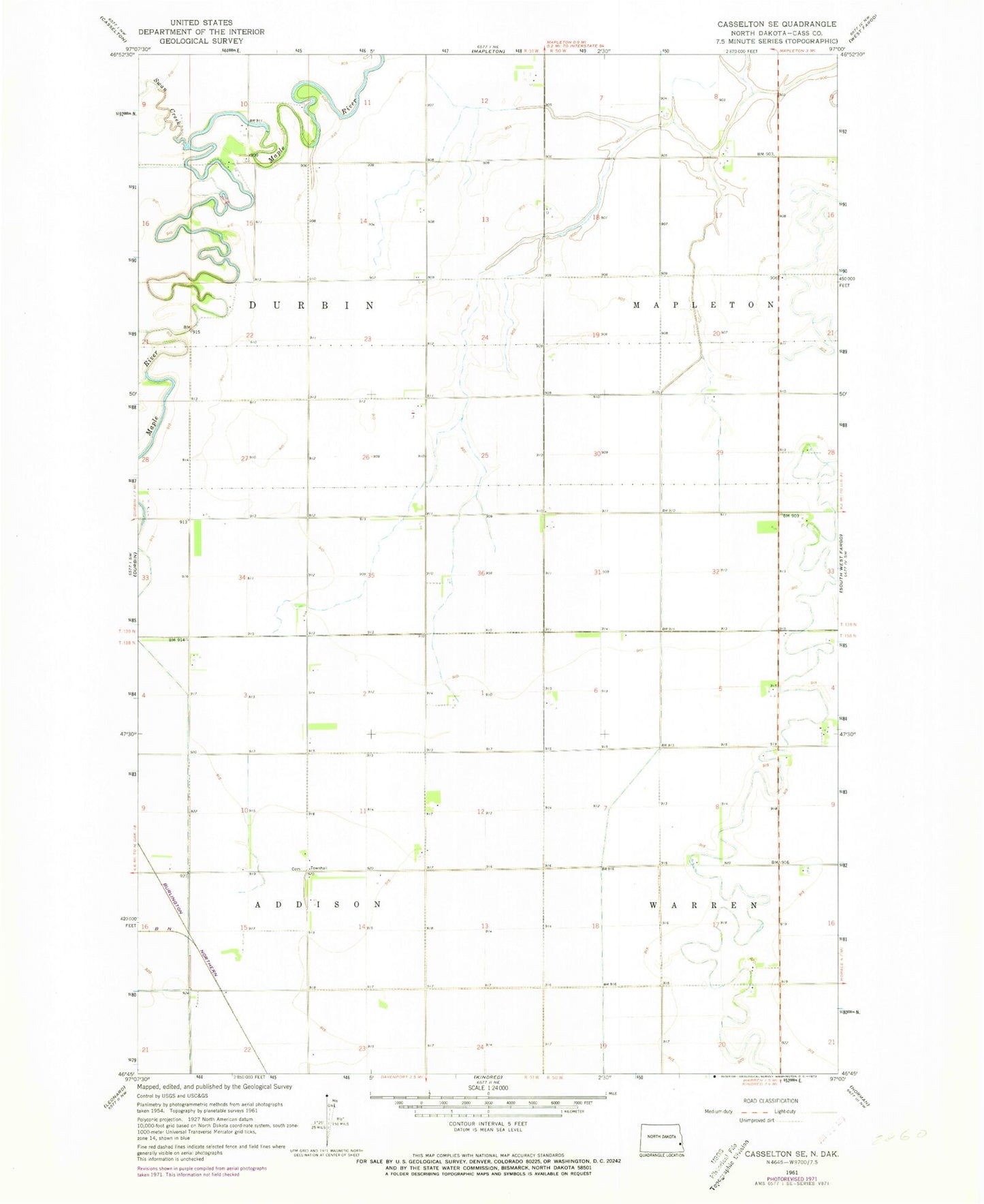 Classic USGS Casselton SE North Dakota 7.5'x7.5' Topo Map Image