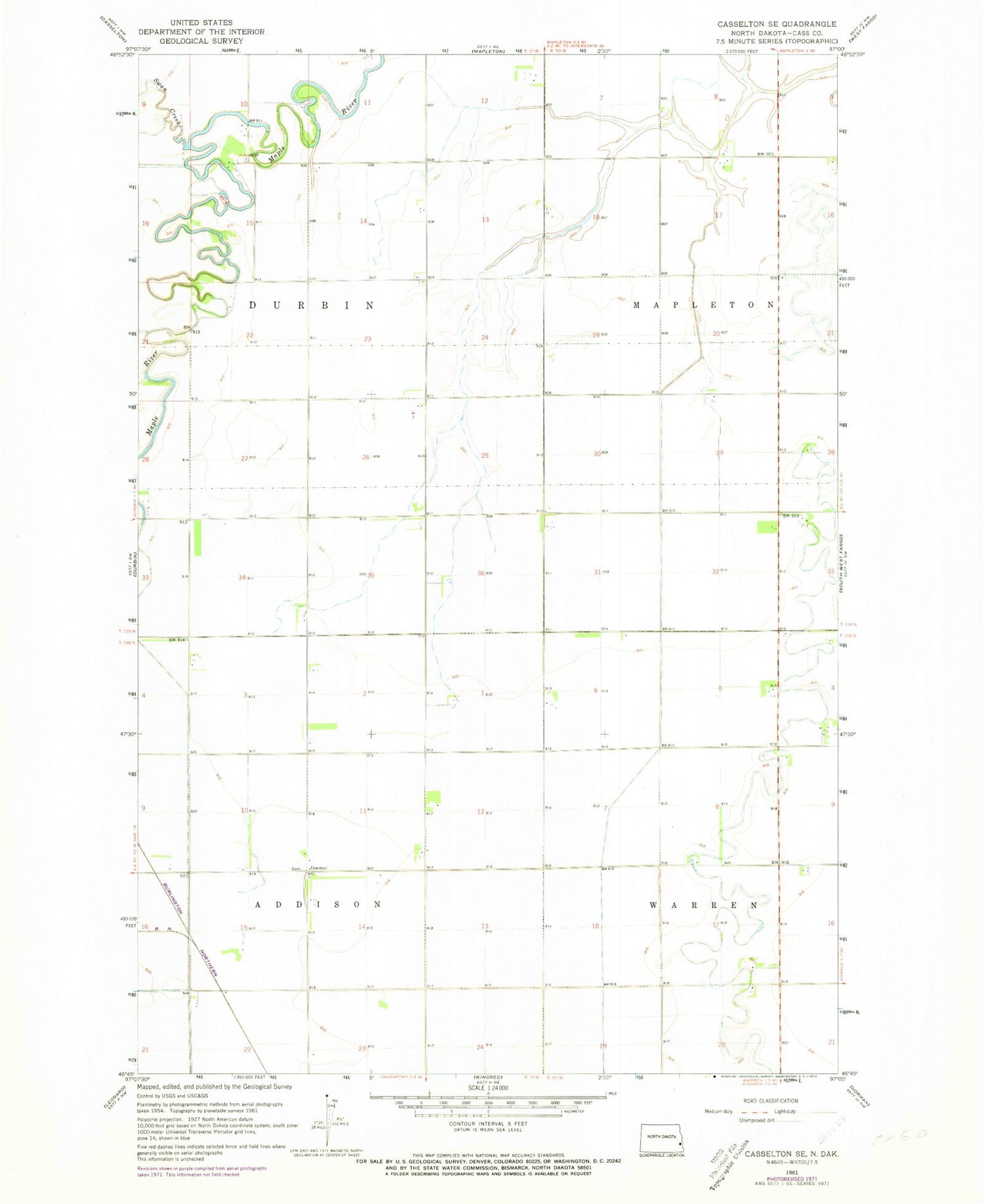 Classic USGS Casselton SE North Dakota 7.5'x7.5' Topo Map Image