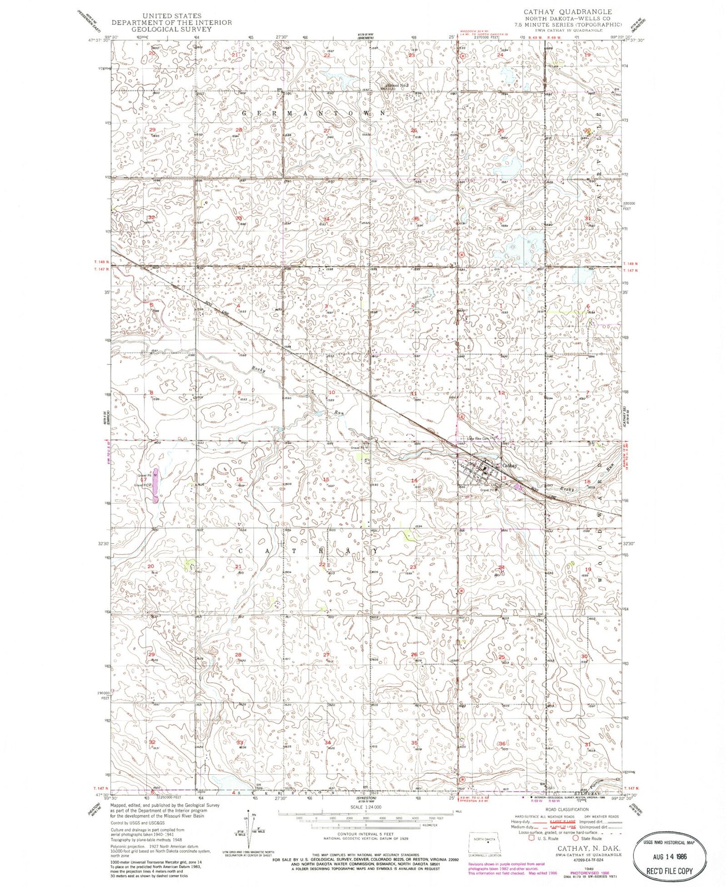 Classic USGS Cathay North Dakota 7.5'x7.5' Topo Map Image